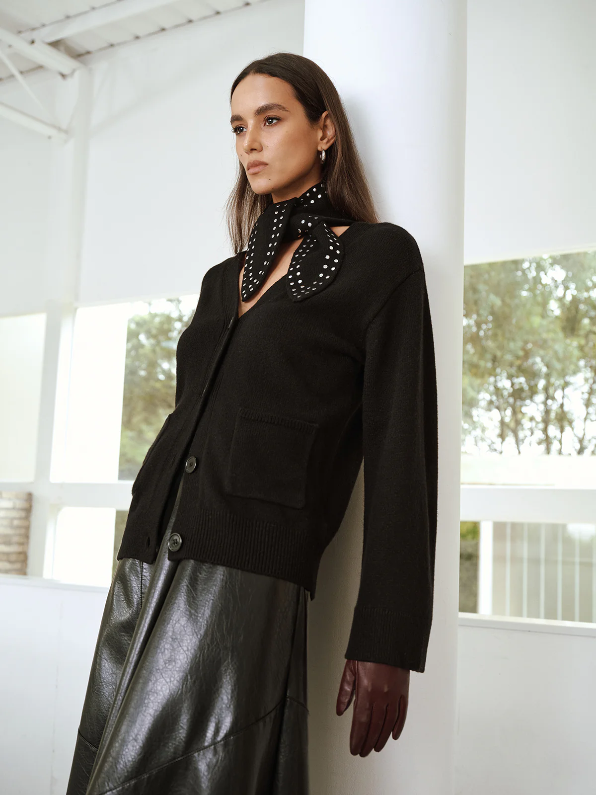 Wool Blend V-Neck Cardigan with Studded Scarf - Wholesalesil