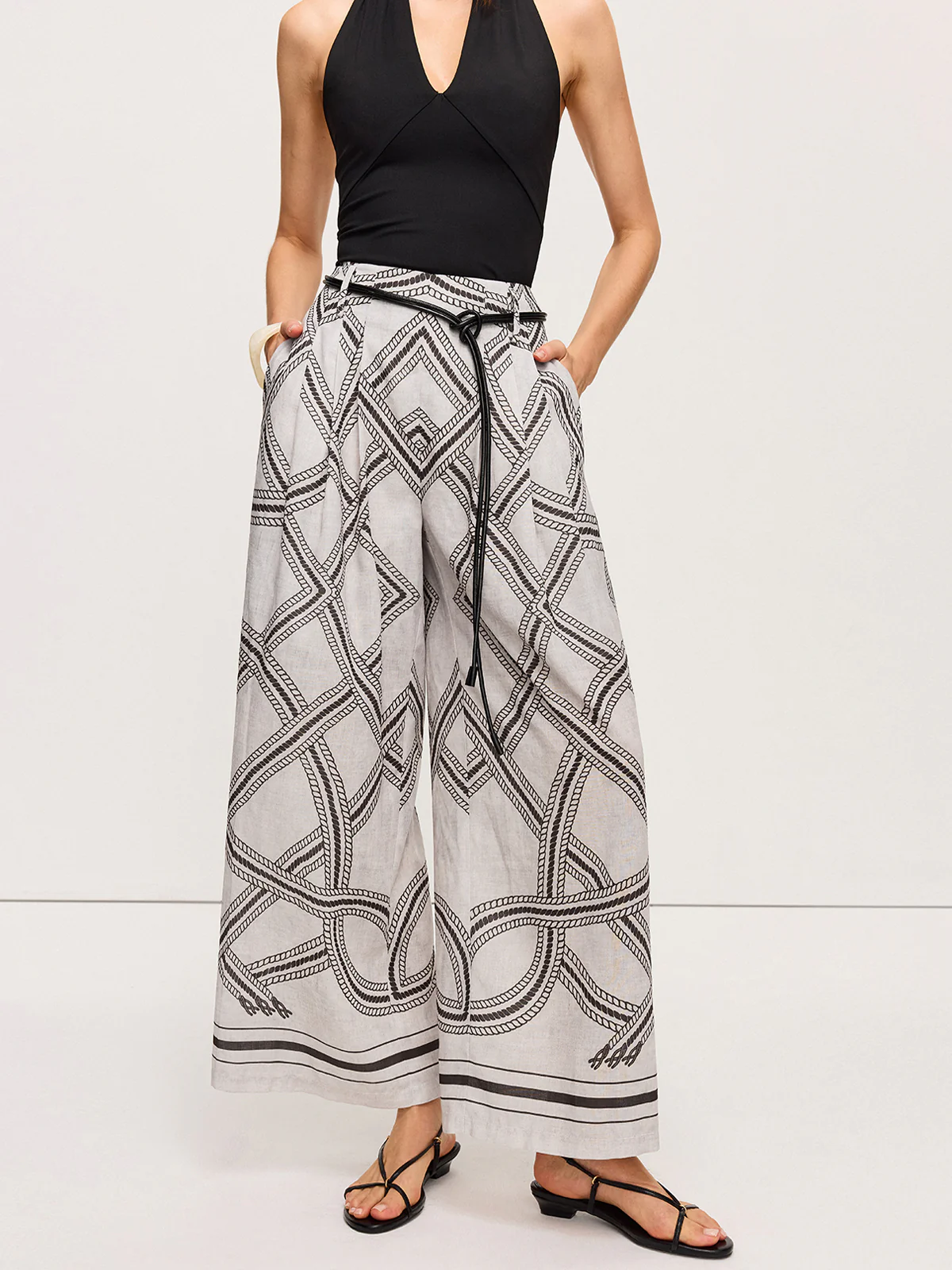 Geometric Print Belted Wide-Leg Pants - Wholesalesil