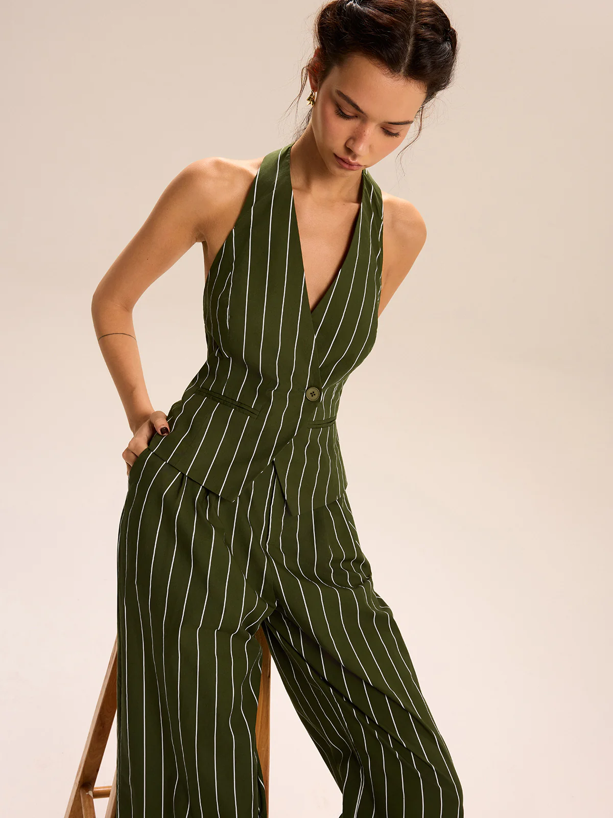 Striped Halter-Neck Vest and Wide-Leg Pants Set - Wholesalesil