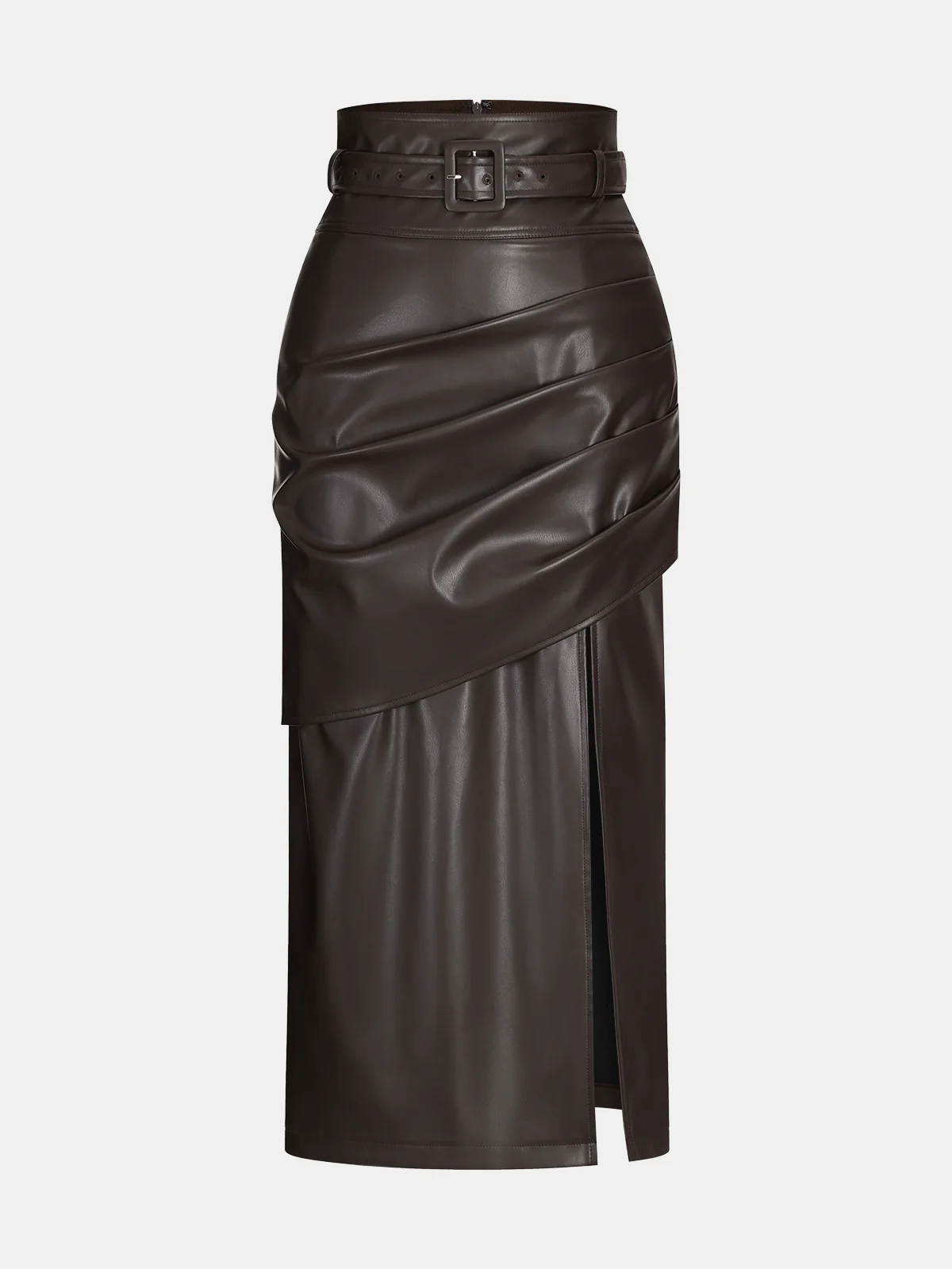 Belted Faux Leather Ruched Slit Midi Skirt - Wholesalesil