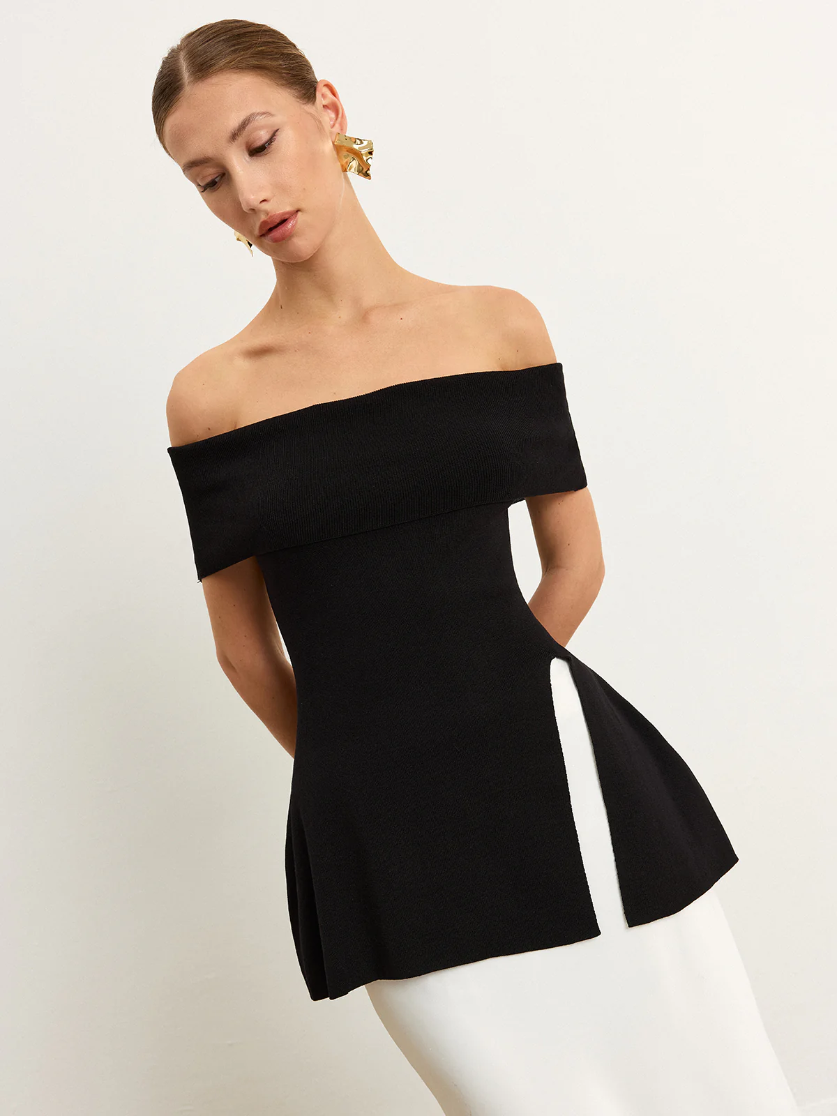 Off-Shoulder Knit Top with Slit - Wholesalesil