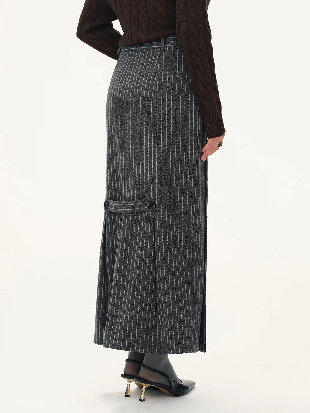 Asymmetric Button Striped Maxi Skirt - Wholesalesil