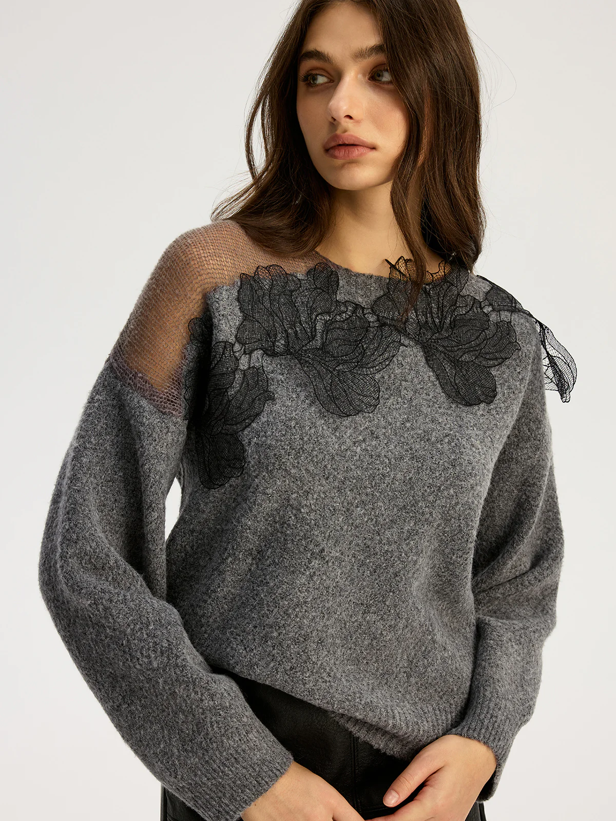 Floral lace Sweater Semi Sheer Round Neck Sweater - Wholesalesil