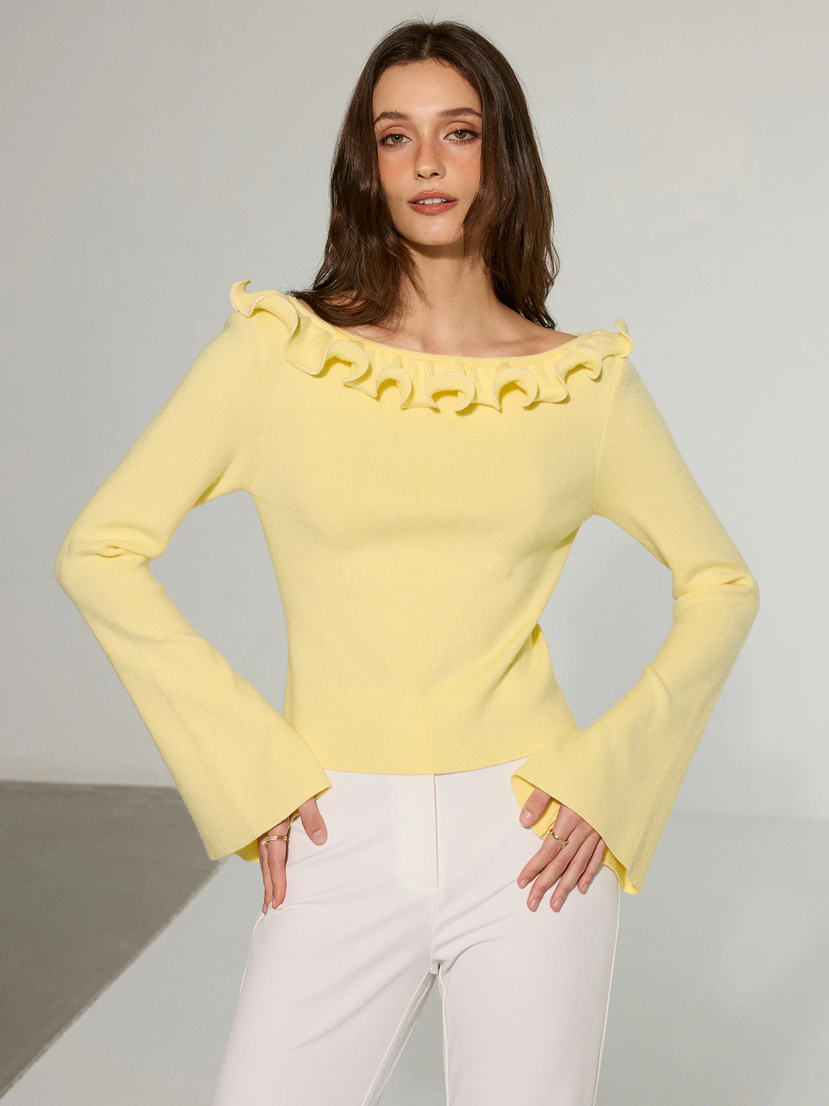 Off-Shoulder Ruffled Collar Flared Sleeve Sweater - Wholesalesil