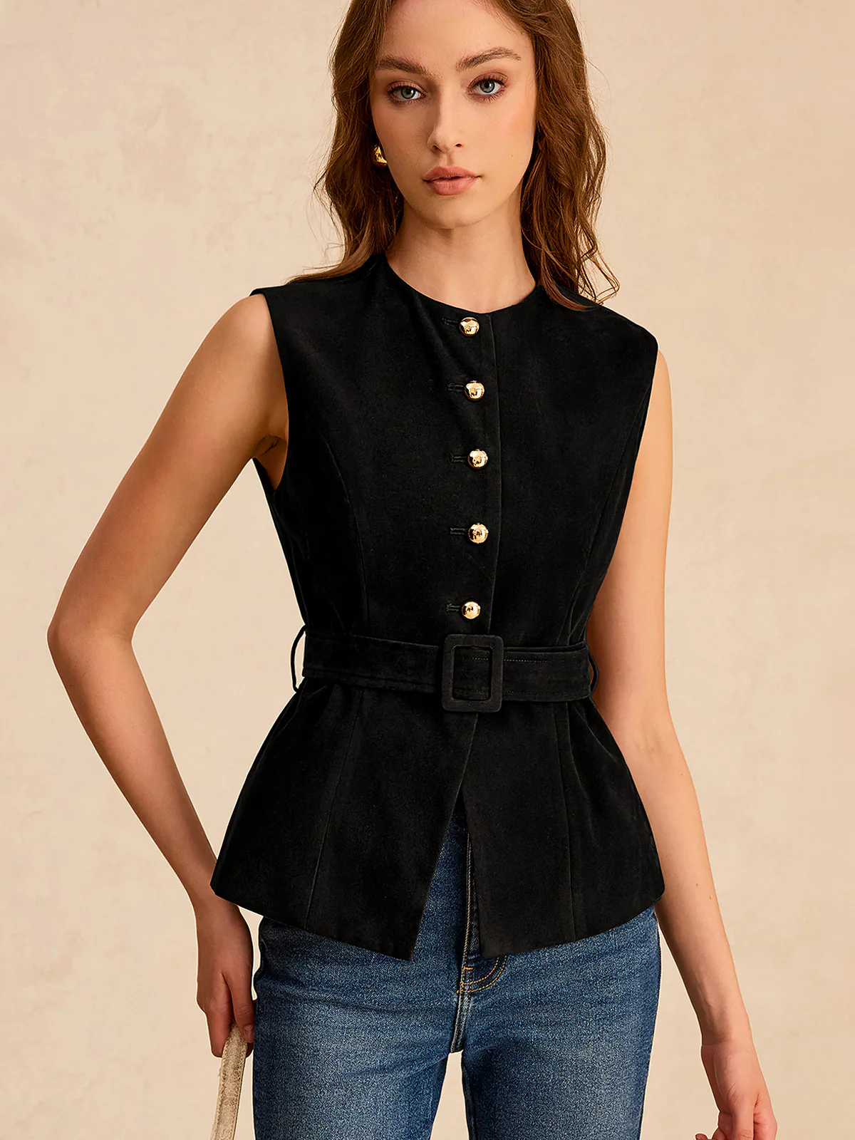 Suede Effect Vest with Belt - Wholesalesil