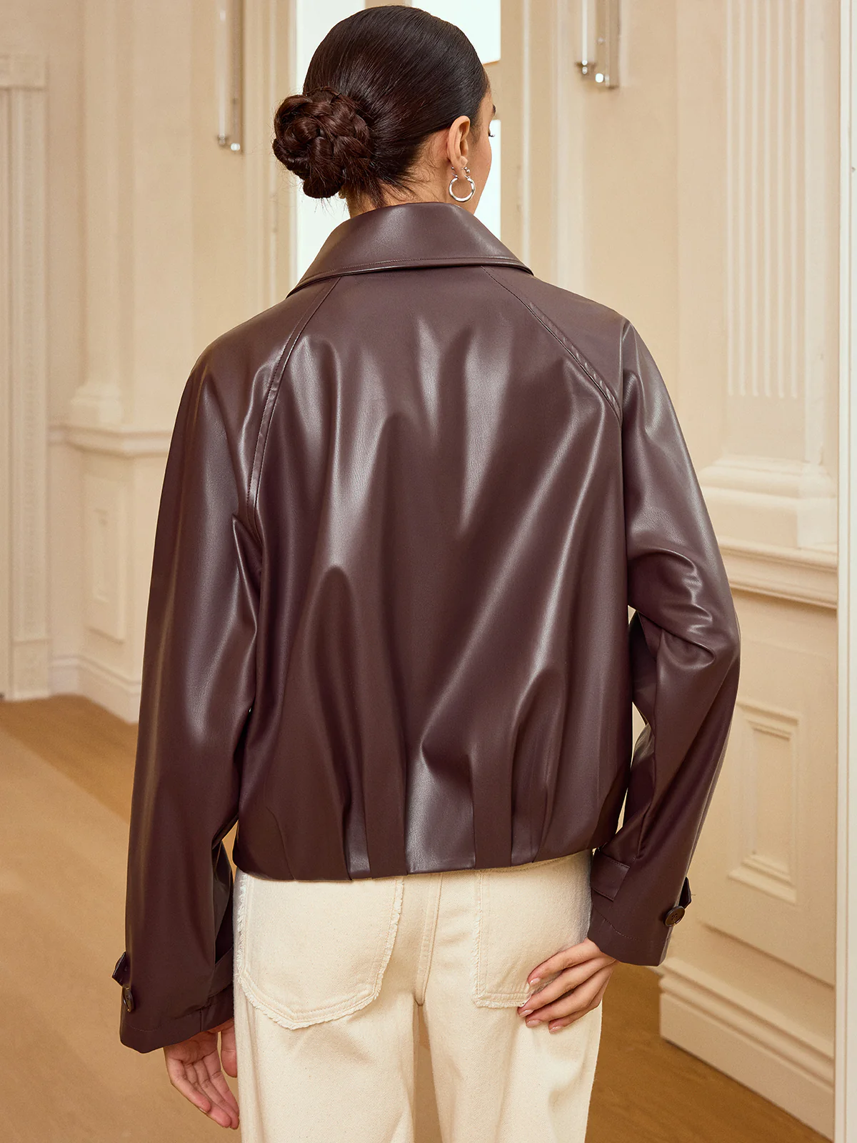 Collared Zip-Up Faux Leather Jacket - Wholesalesil