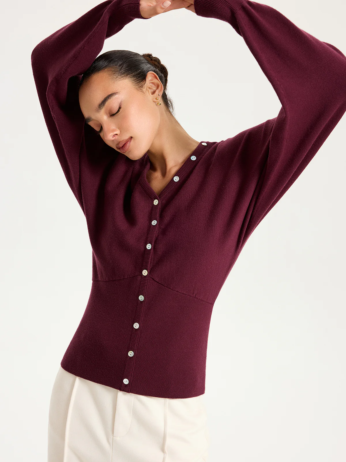 V-Neck Long Sleeve Waist-Cinched Buttoned Cardigan - Wholesalesil