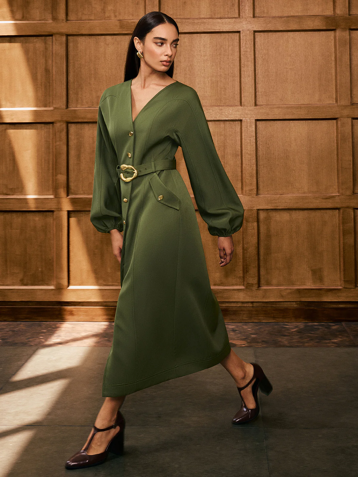 V-Neck Balloon Sleeve Belted Button-Front Dress - Wholesalesil