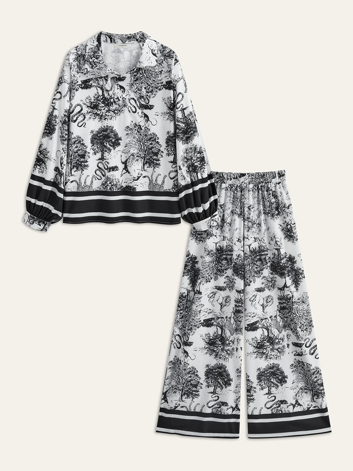 Printed Pants Set With Striped Trim - Wholesalesil