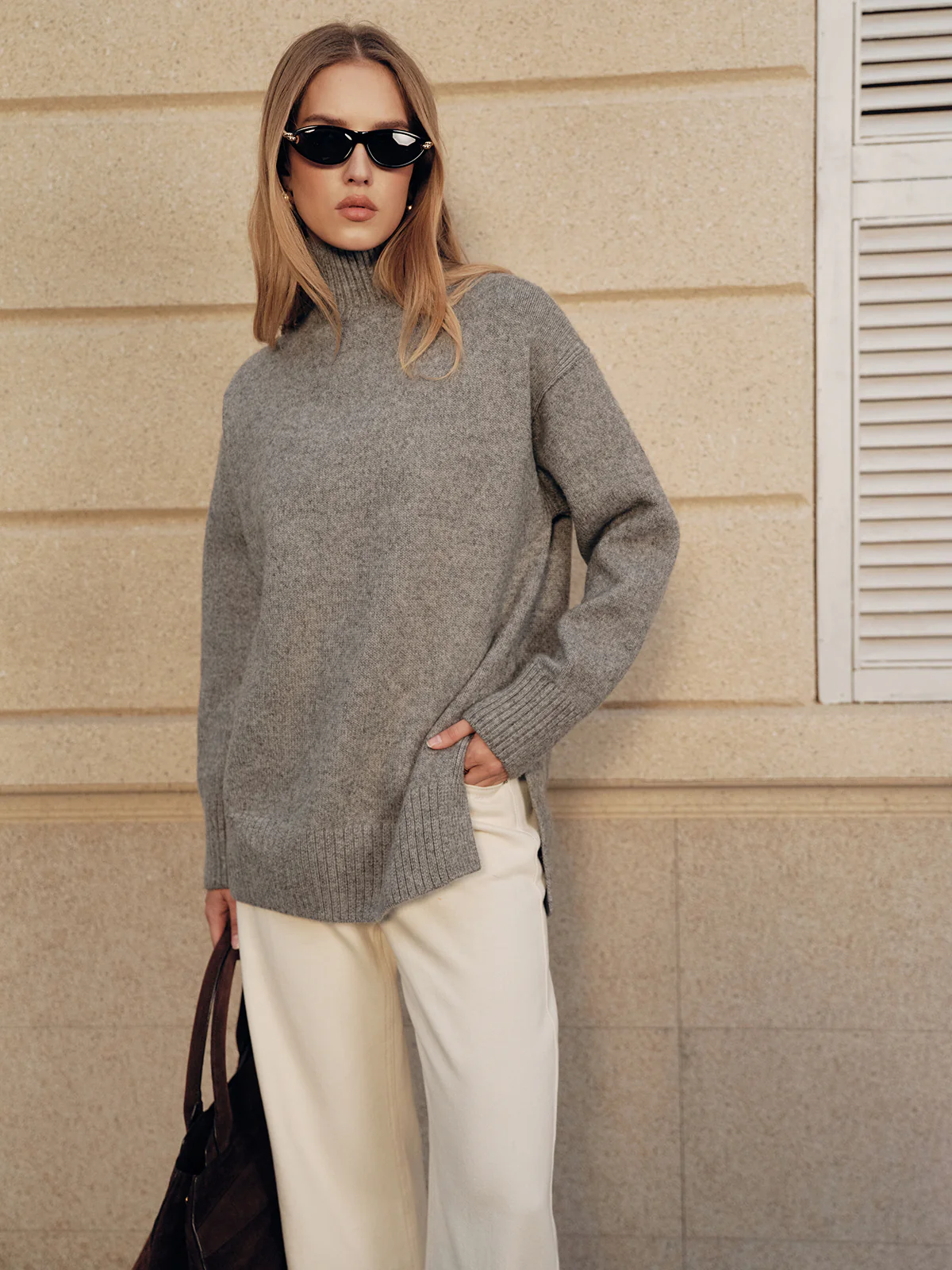Wool Blend Turtleneck Side Slit Sweater - Wholesalesil
