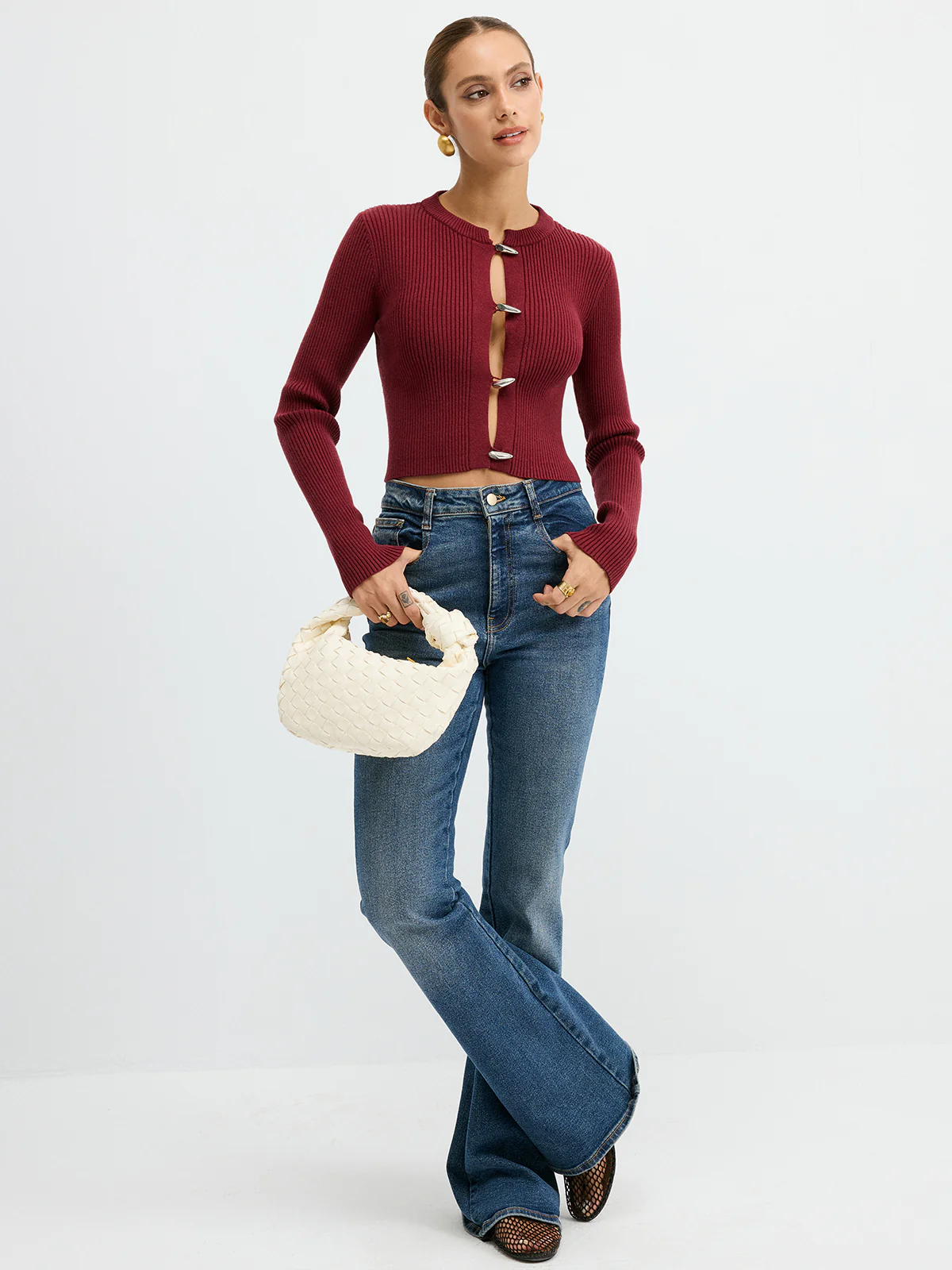 Metal Button Ribbed Fitted Sweater - Wholesalesil