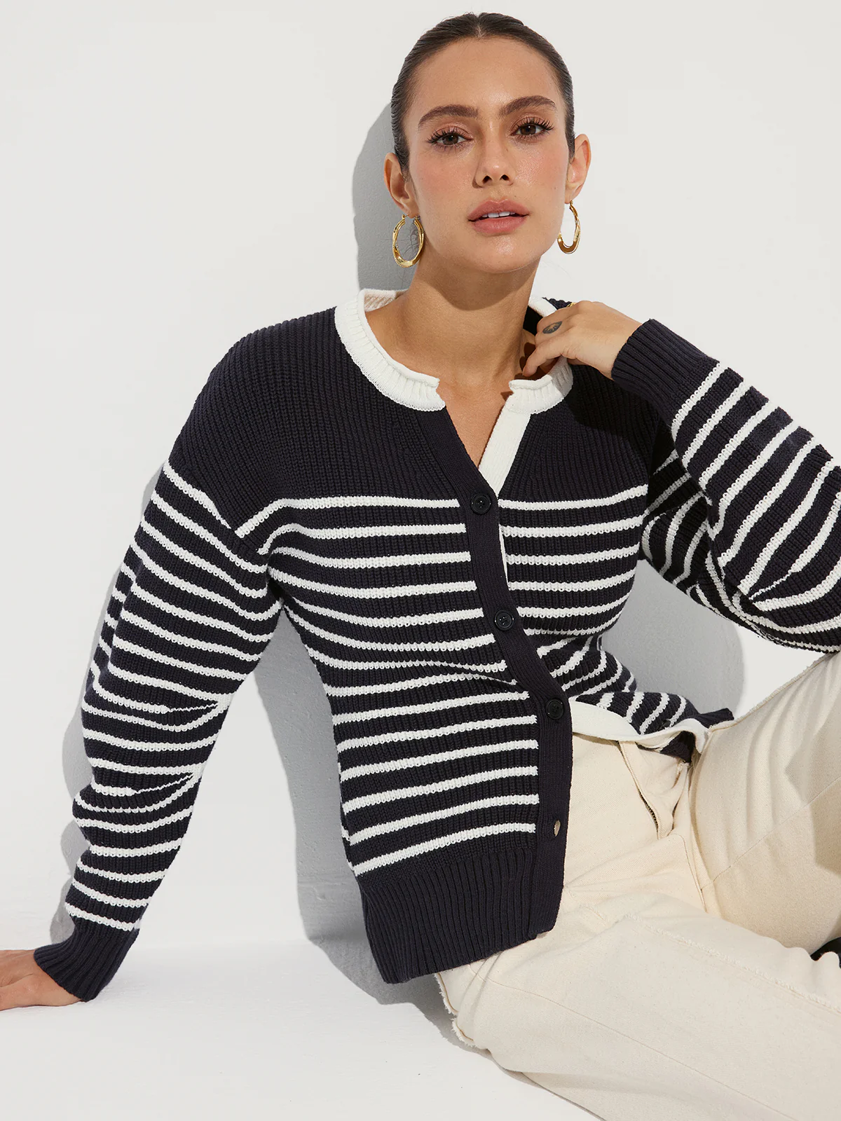 Striped Button-Front Knit Cardigan - Wholesalesil