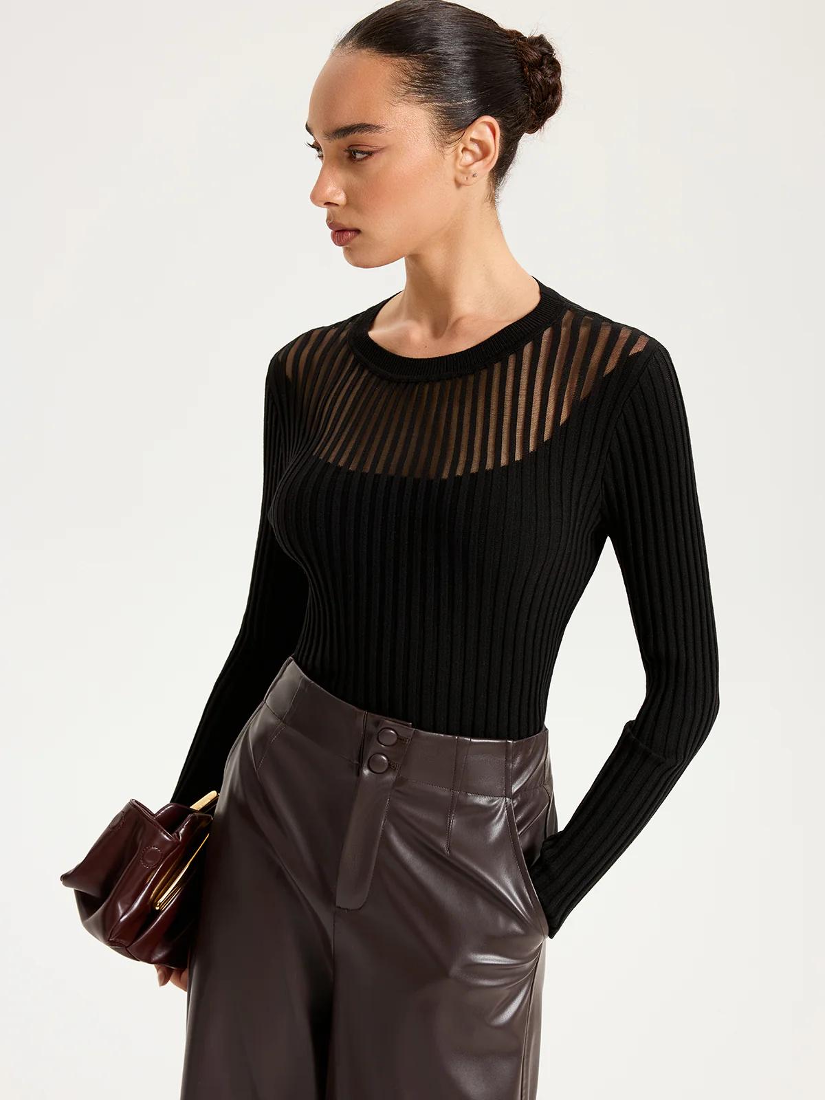 Sheer Panel Ribbed Knit Top - Wholesalesil