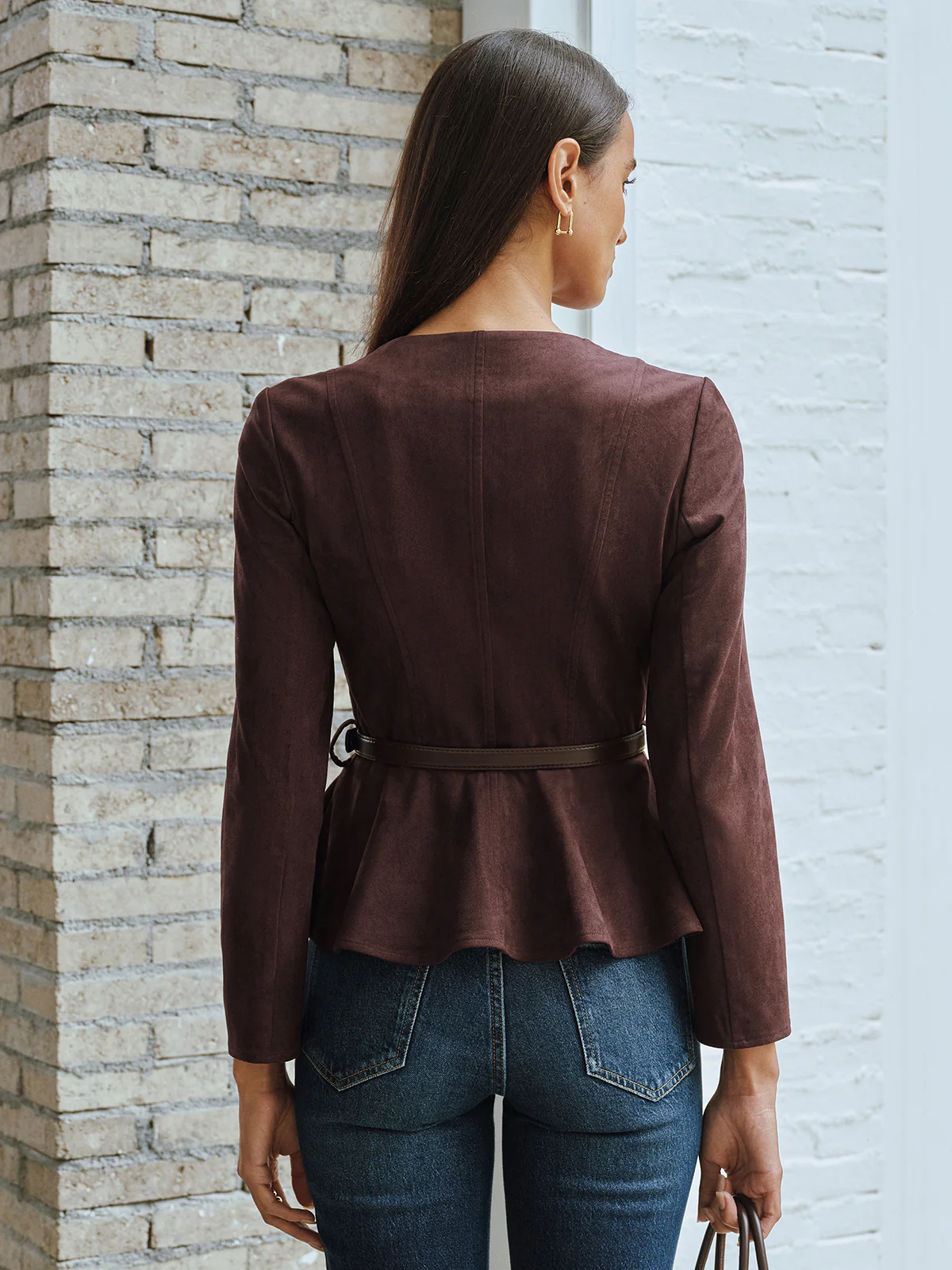 Belted Suede Effect Zipper Jacket - Wholesalesil