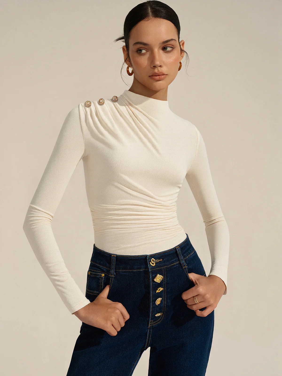Ruched Shoulder-Decor Long Sleeve Bodysuit - Wholesalesil
