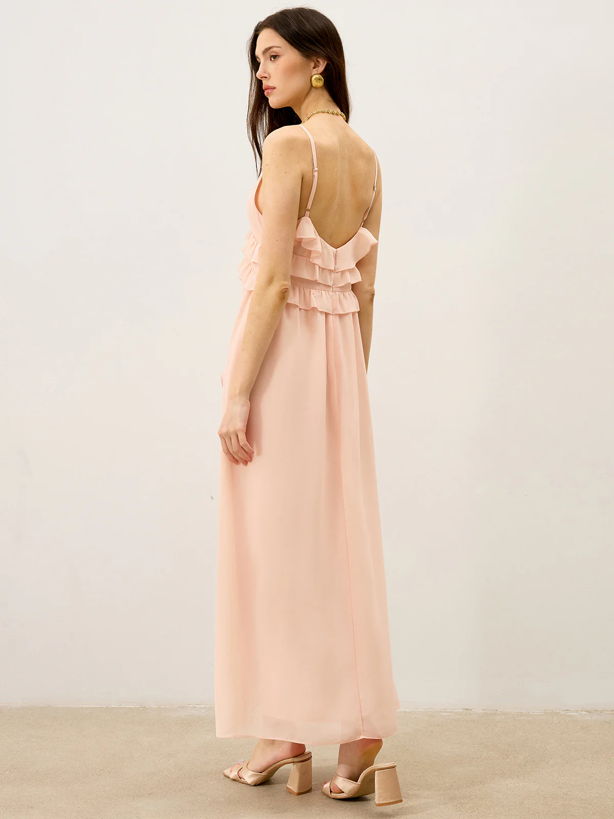 Semi-Sheer Chiffon Ruffle Trim Maxi Dress - Wholesalesil