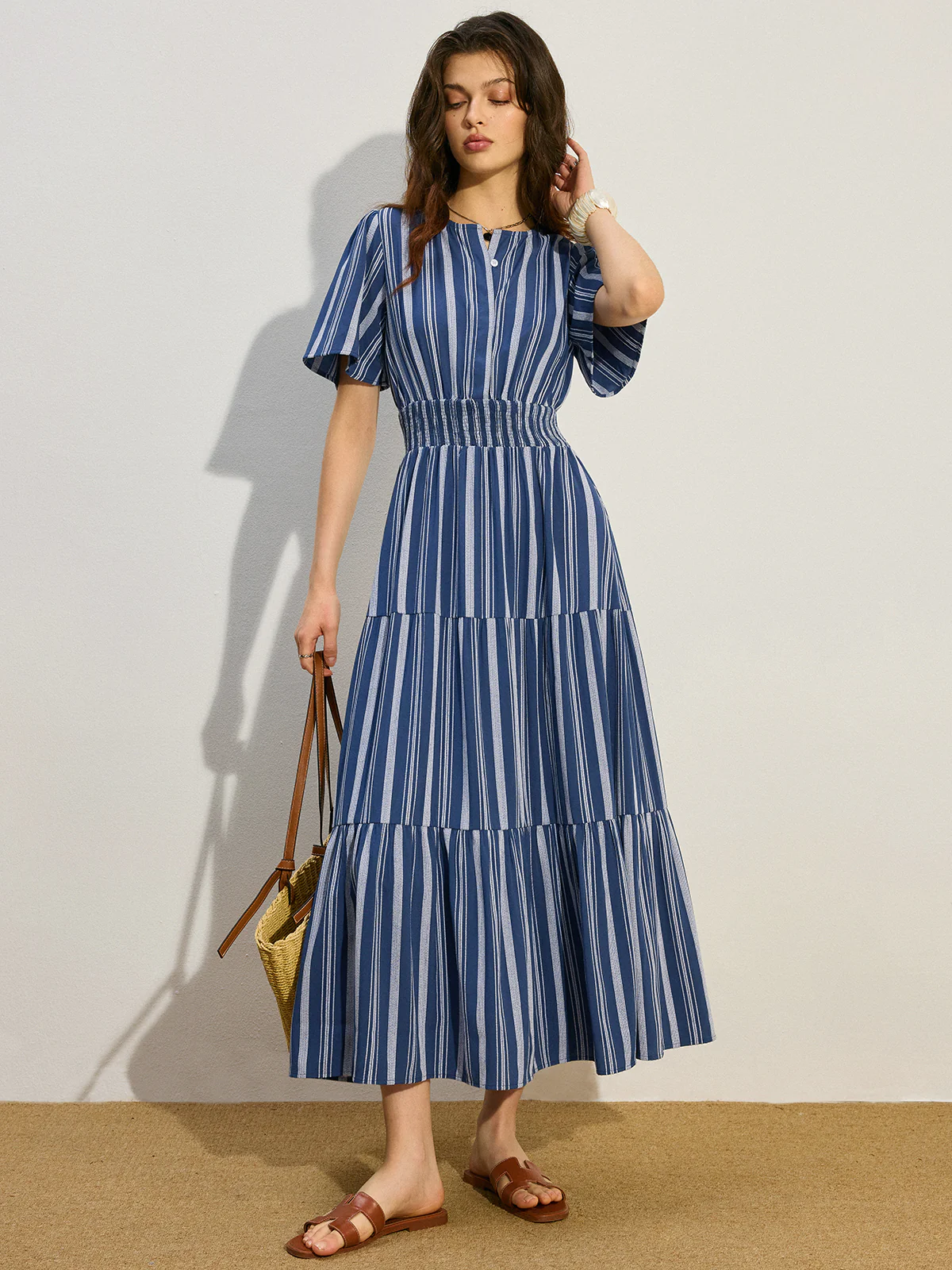Striped Smocked Waist Tiered Maxi Dress - Wholesalesil