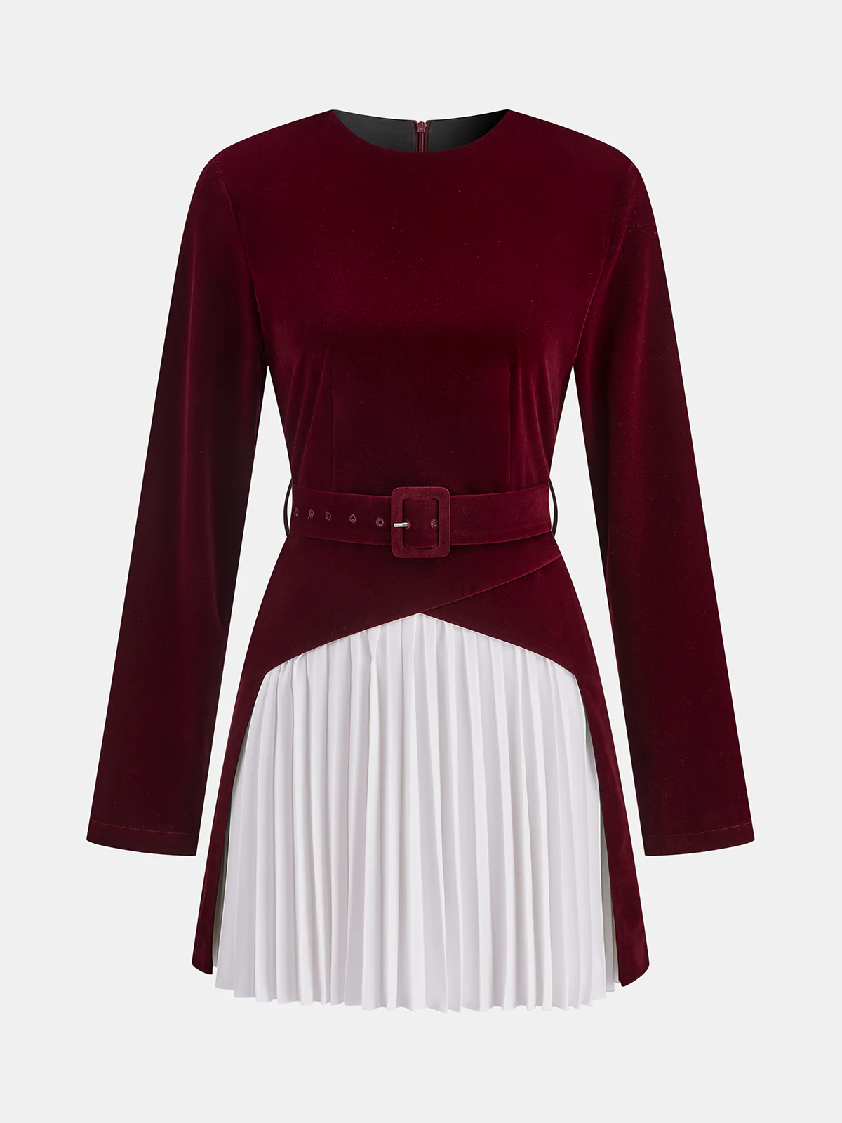 Pleated Panel Velvet Mini Dress with Belt - Wholesalesil