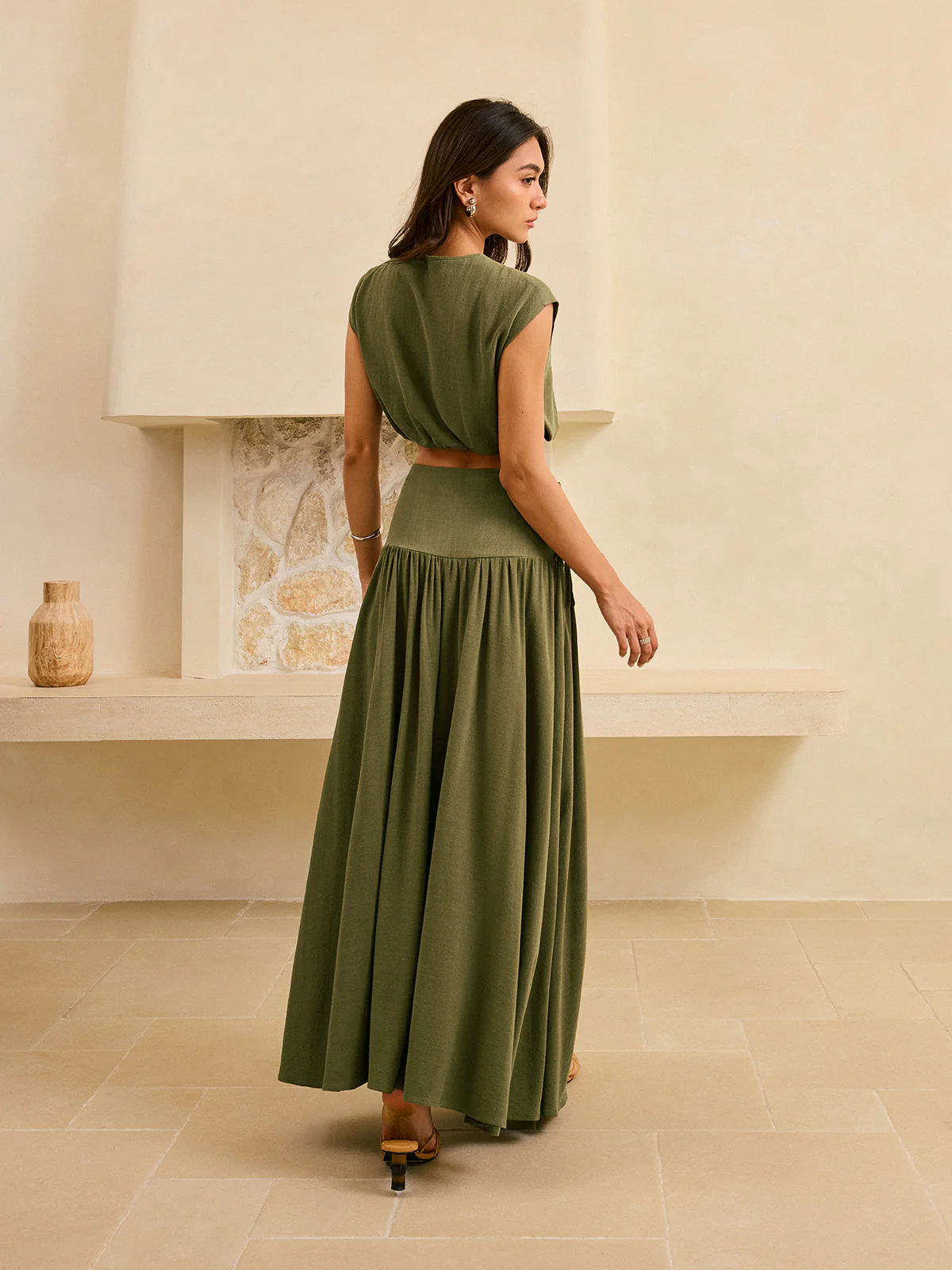 Tie-Detail Crop Top and Maxi Ruffled Skirt Set - Wholesalesil