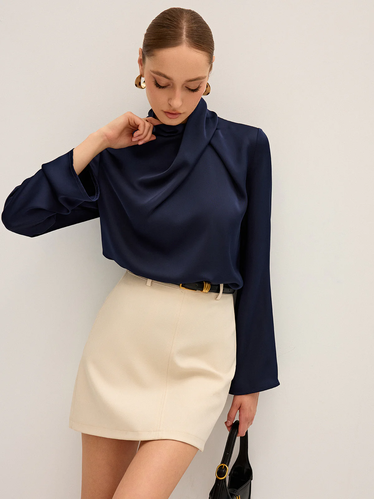 Satin Draped High Neck Blouse - Wholesalesil