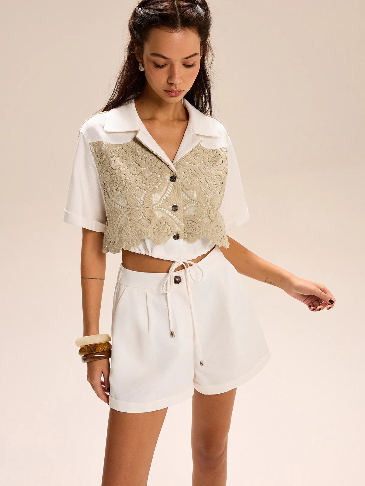 Lace-paneled Cropped Shirt Shorts Set - Wholesalesil