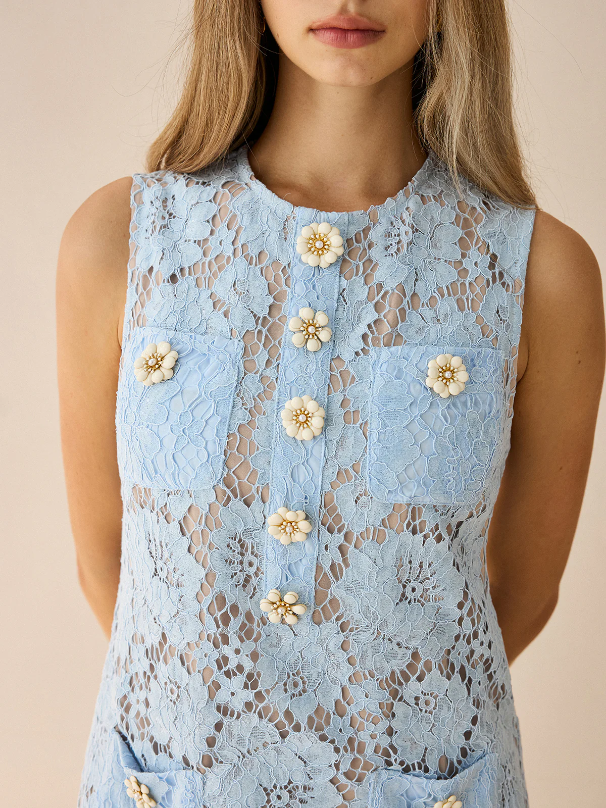 Flower-Shaped Button Lace Mini Dress - Wholesalesil