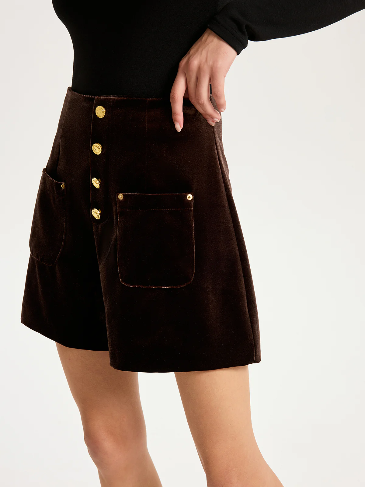 Velvet Mid-Waist Button-Front Shorts - Wholesalesil