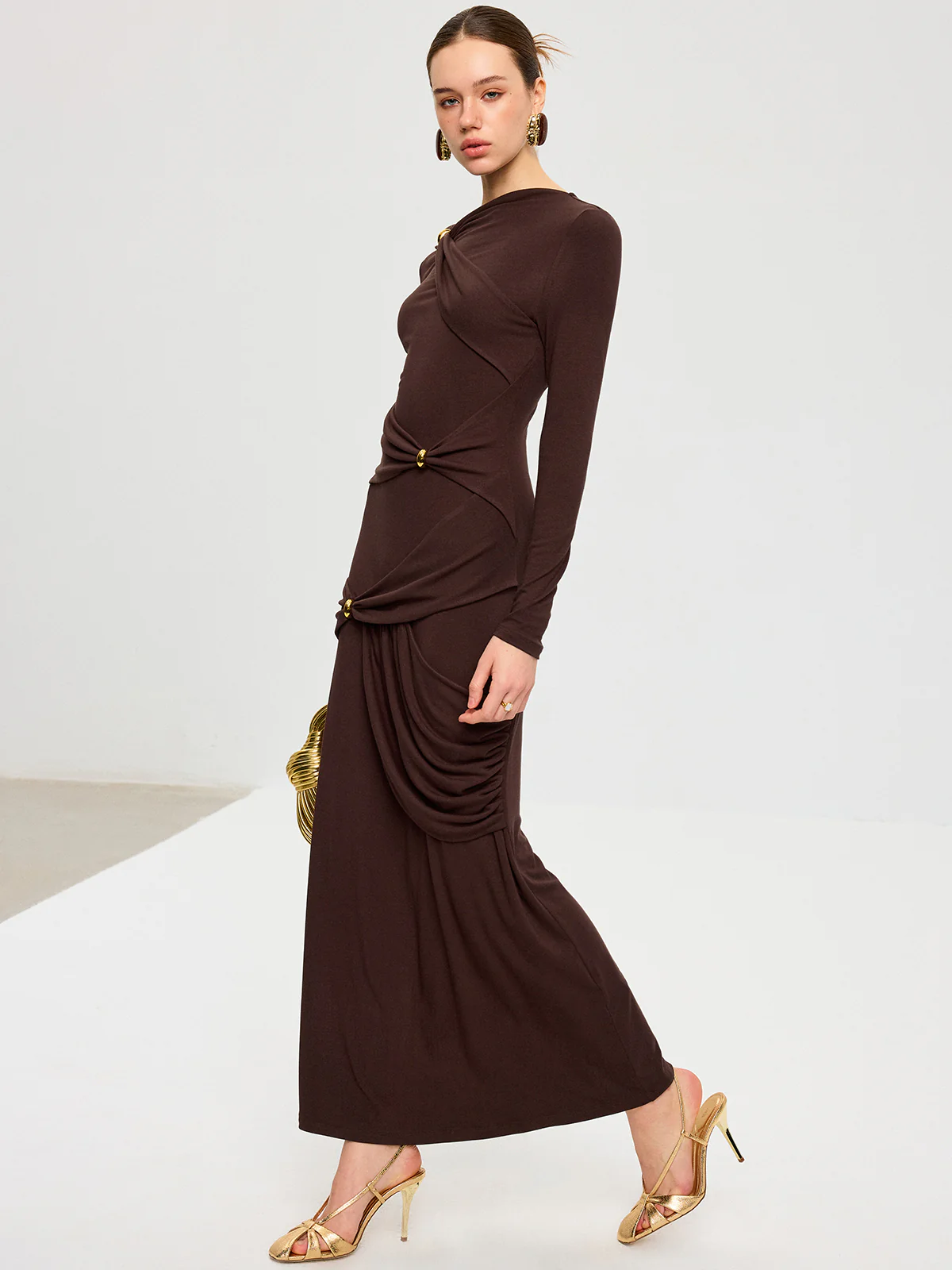 Metal Detail Long Sleeve Draped Maxi Dress - Wholesalesil
