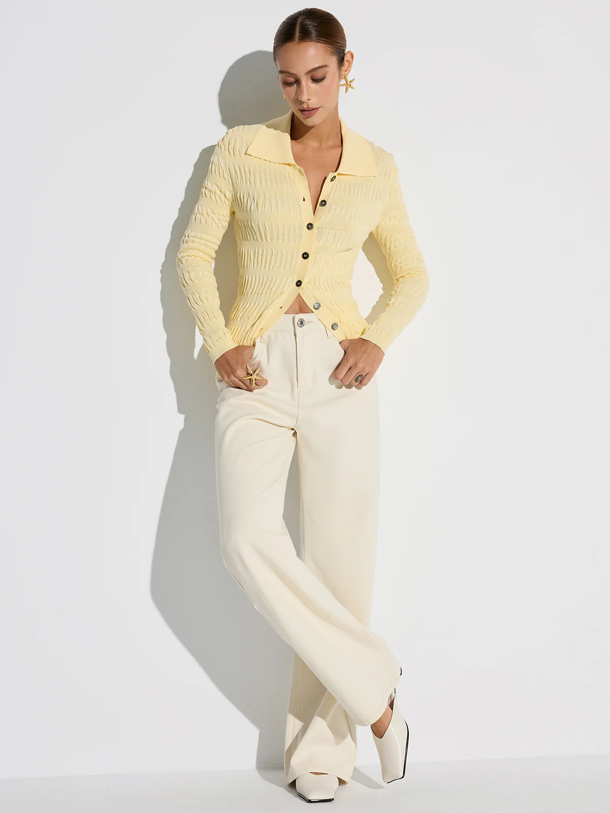 Shirt Collar Textured Knit Button Cardigan - Wholesalesil