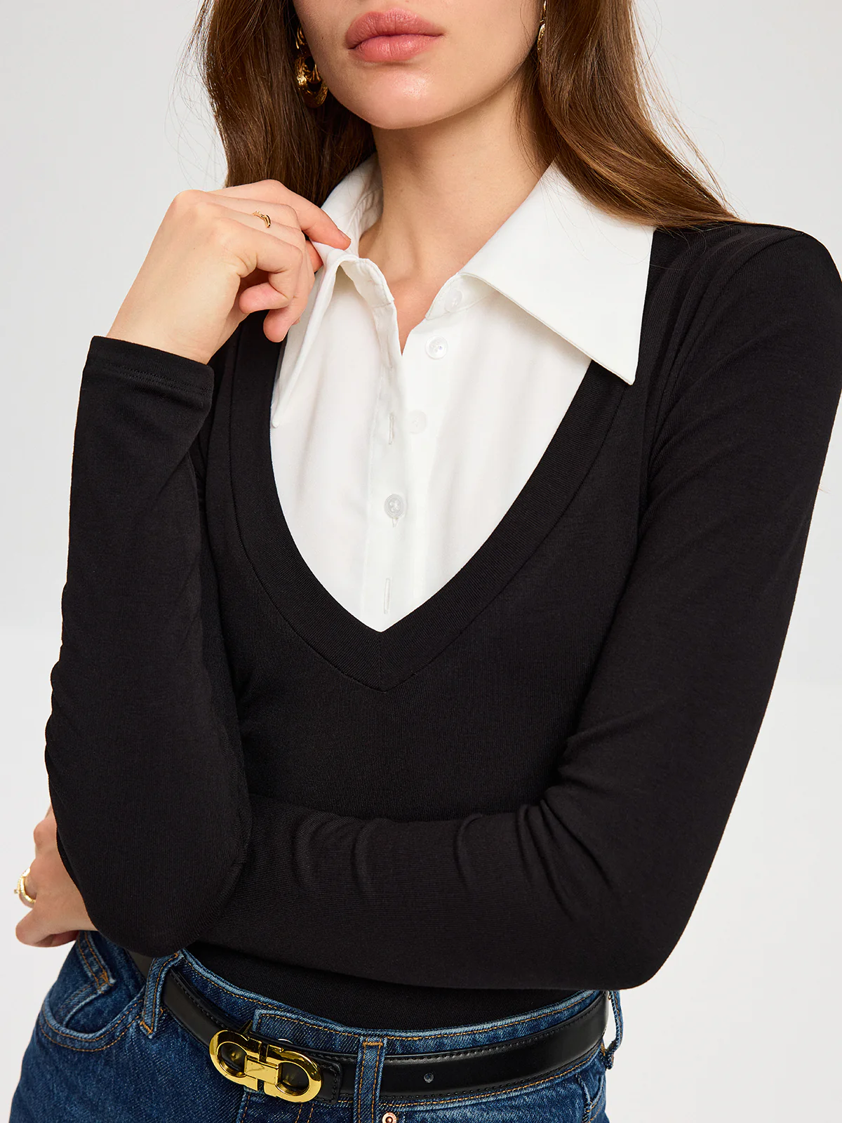 High-Stretch Contrast Shirt Collar Knit Bodysuit - Wholesalesil