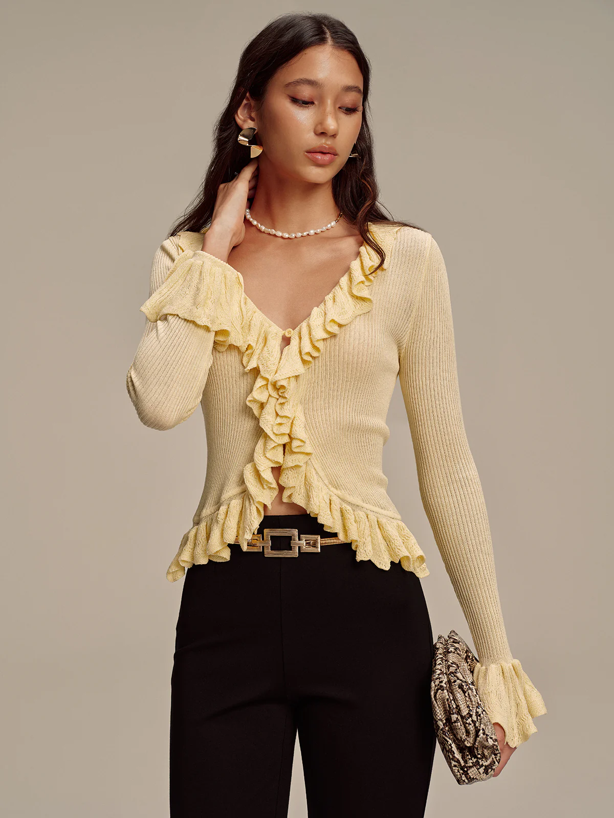 Ruffled V-Neck Knit Cardigan - Wholesalesil