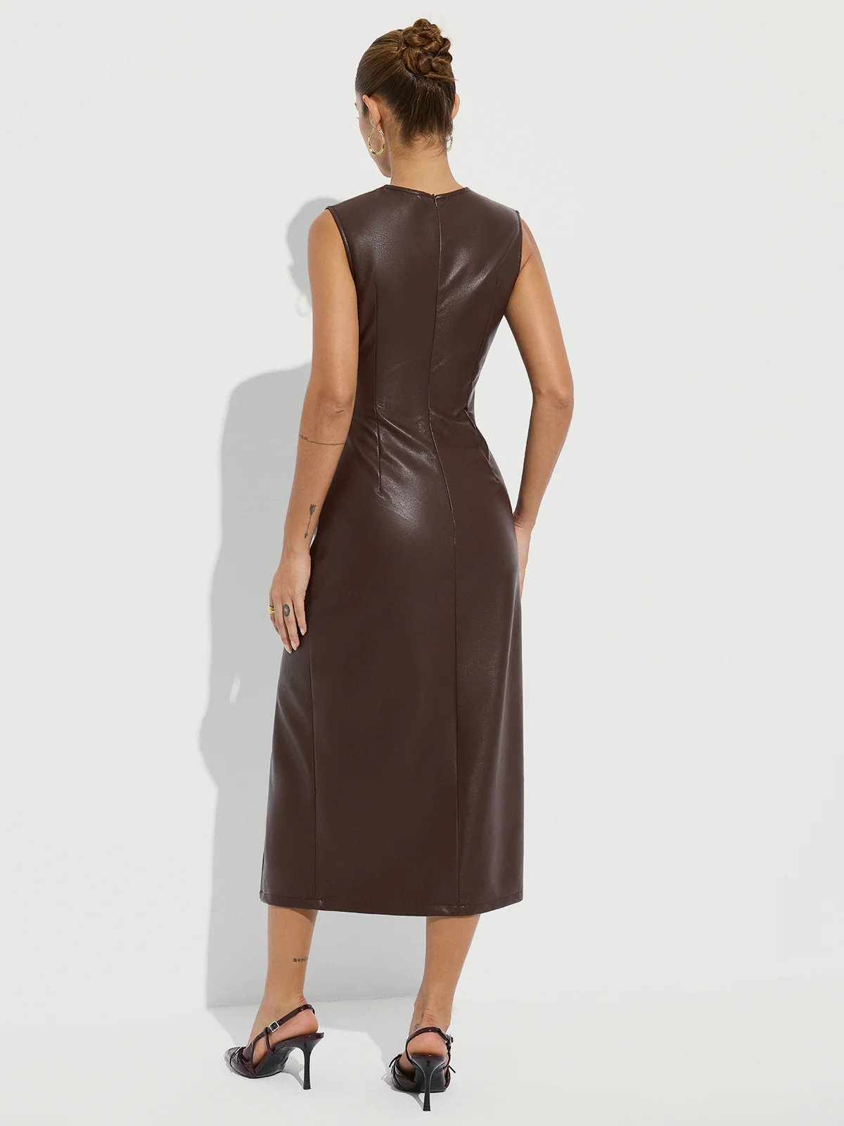 Twisted Faux Leather Sleeveless Slit Midi Dress - Wholesalesil