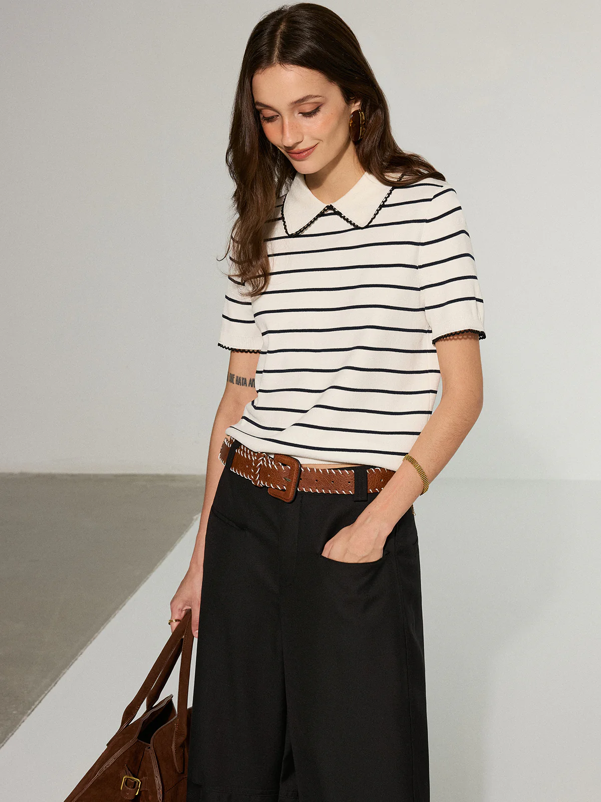 Contrast Wave Trim Striped Polo Knit Top - Wholesalesil