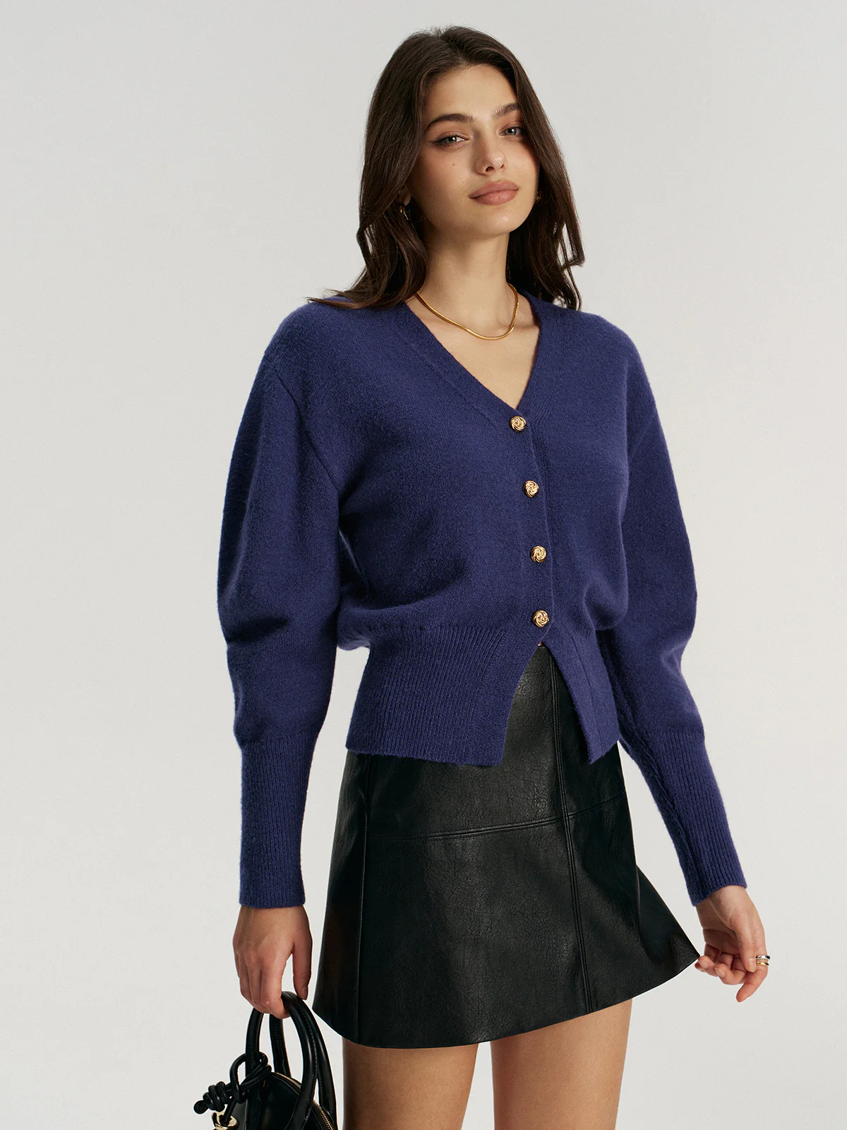 Metal Button V-Neck Knit Cardigan - Wholesalesil