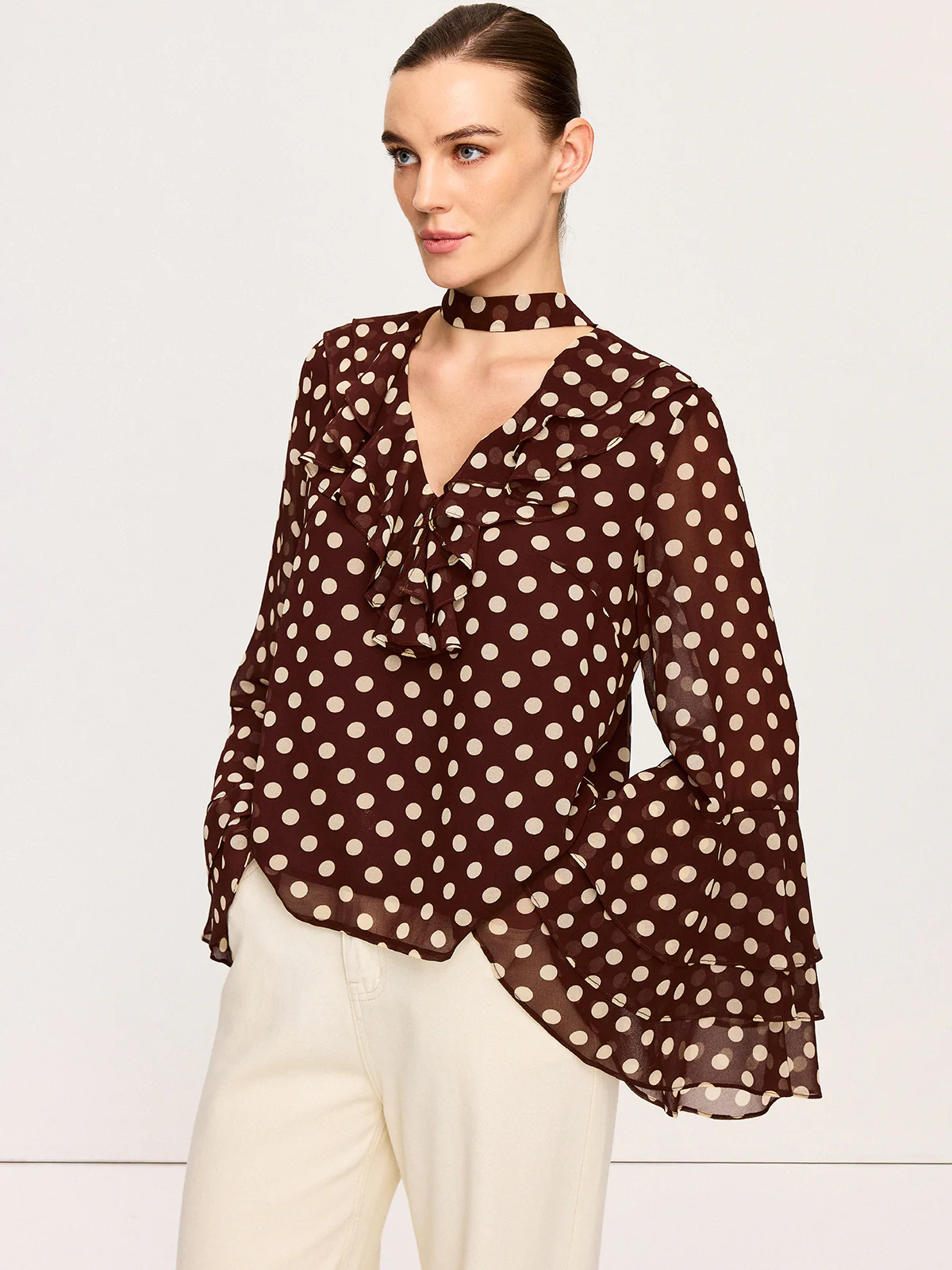 Semi-Sheer Polka Dot Bell-Sleeve Chiffon Blouse - Wholesalesil