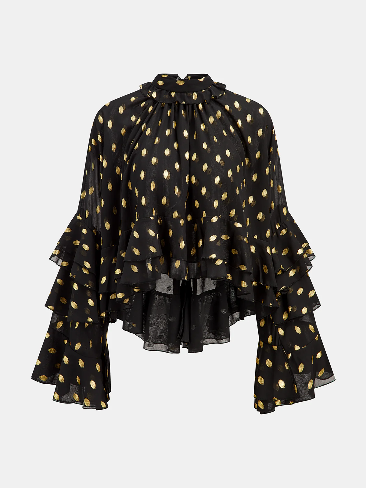 Semi-Sheer Foil Spot Print Ruffle Chiffon Blouse - Wholesalesil