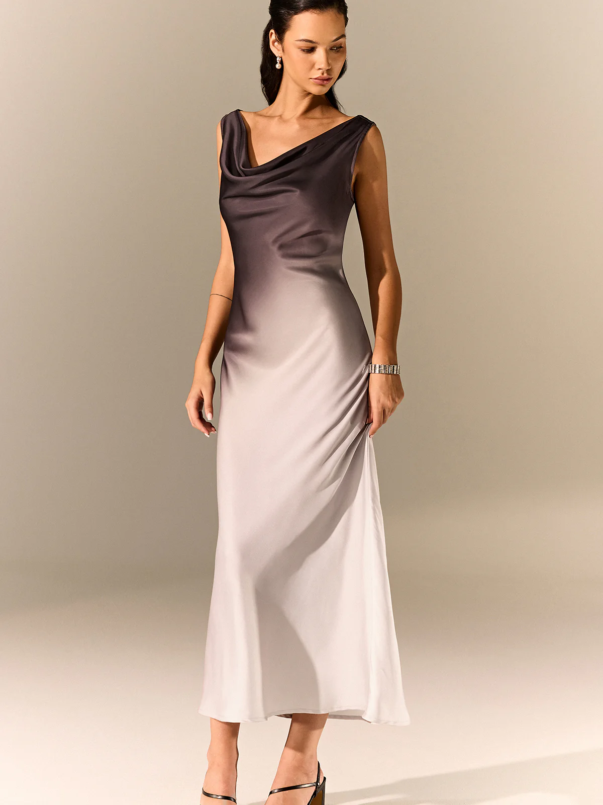 Ombre Satin Cowl Neck Maxi Dress - Wholesalesil