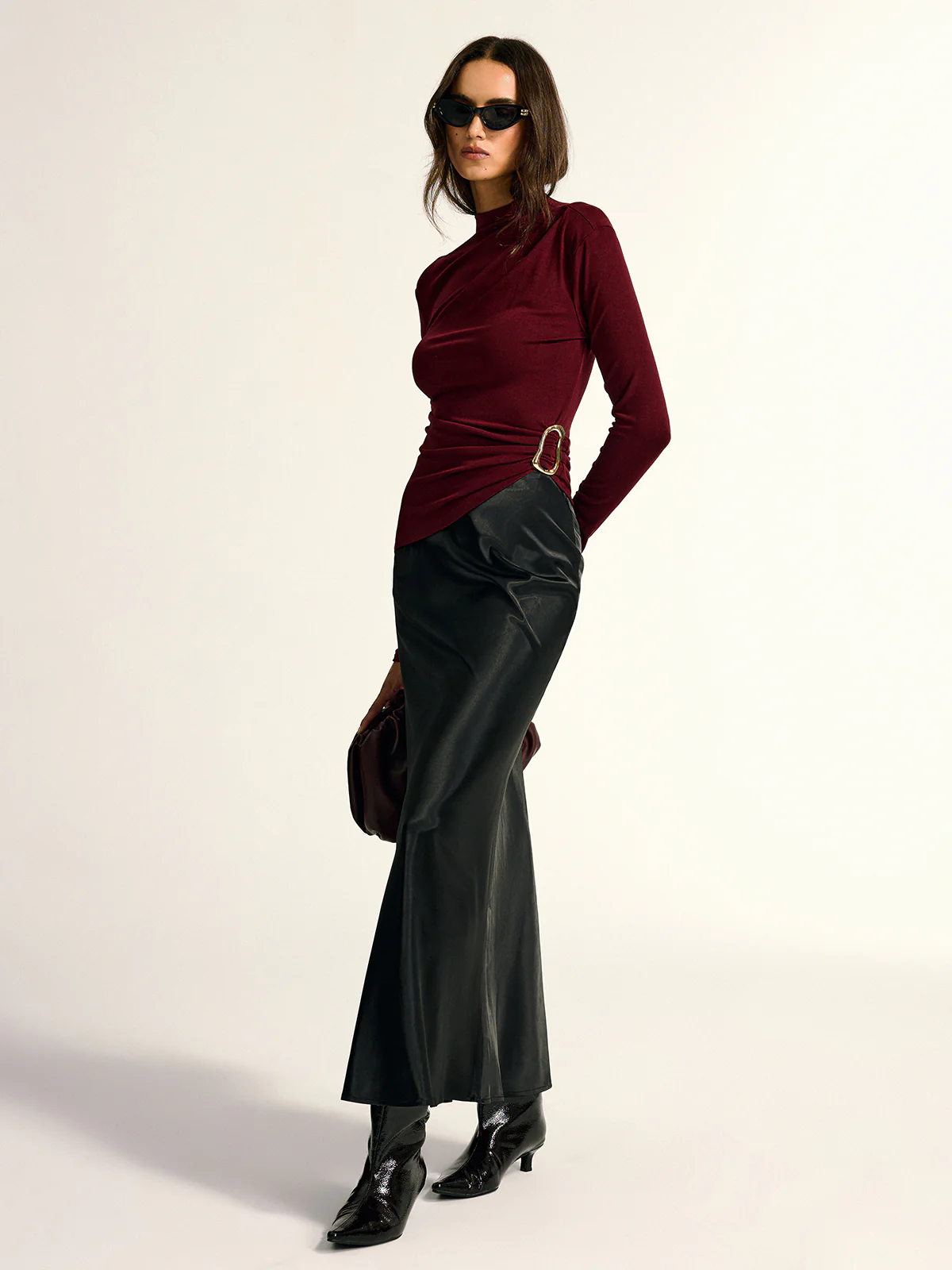 Metal Buckle Asymmetric Mock Neck Blouse - Wholesalesil