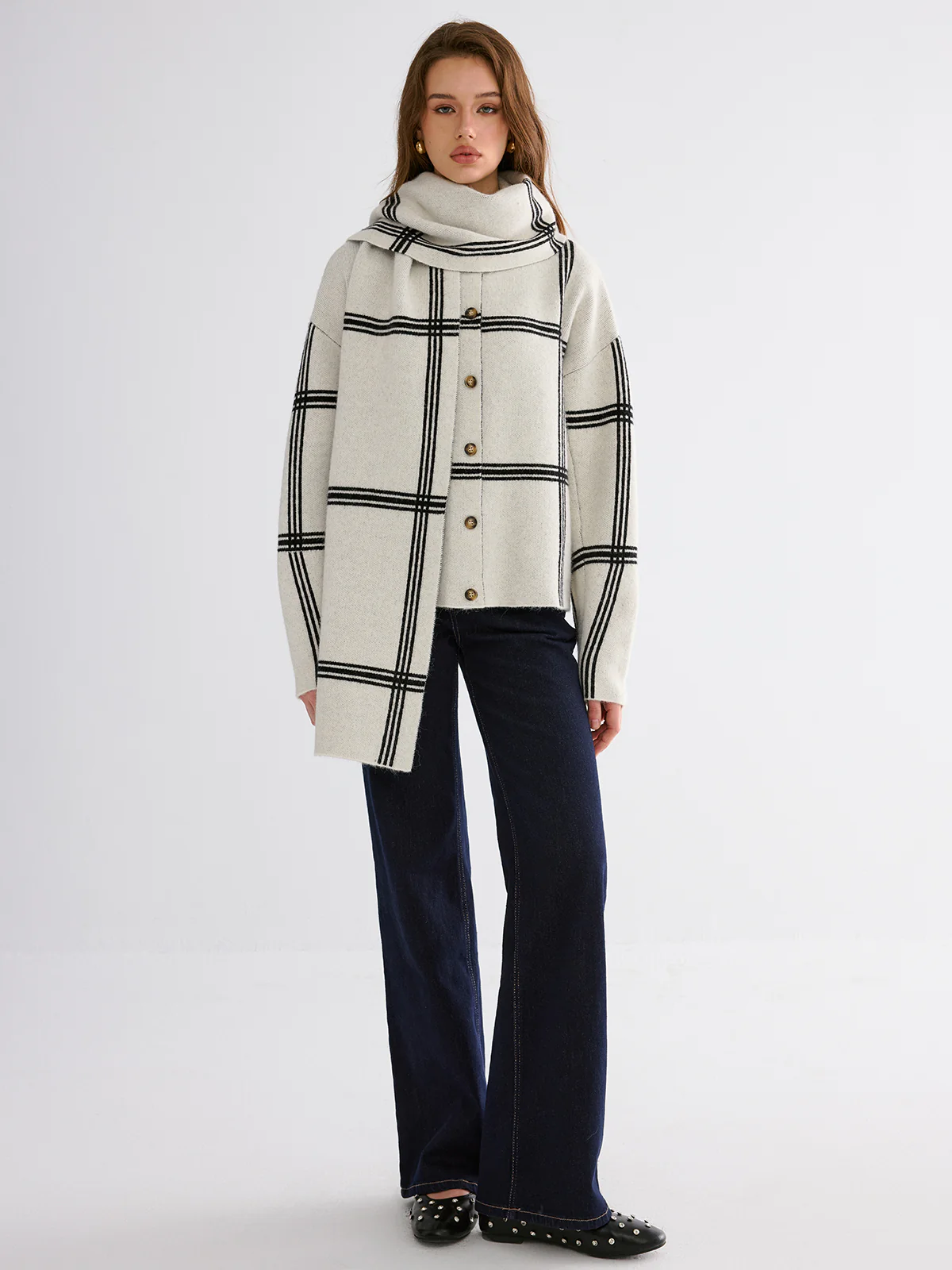 Wrap Scarf Check Print Cardigan - Wholesalesil