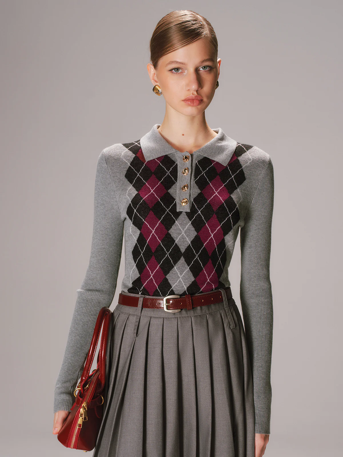 Argyle Wool-Blend Polo Knit Top - Wholesalesil