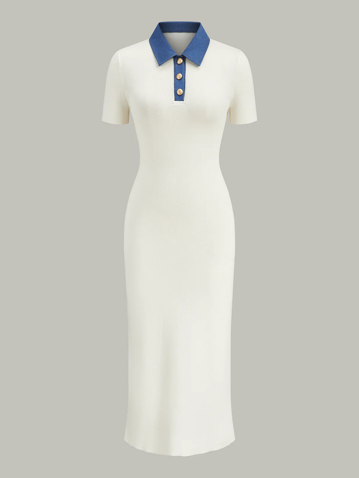 Denim-Collar Buttoned Polo Knit Midi Dress - Wholesalesil