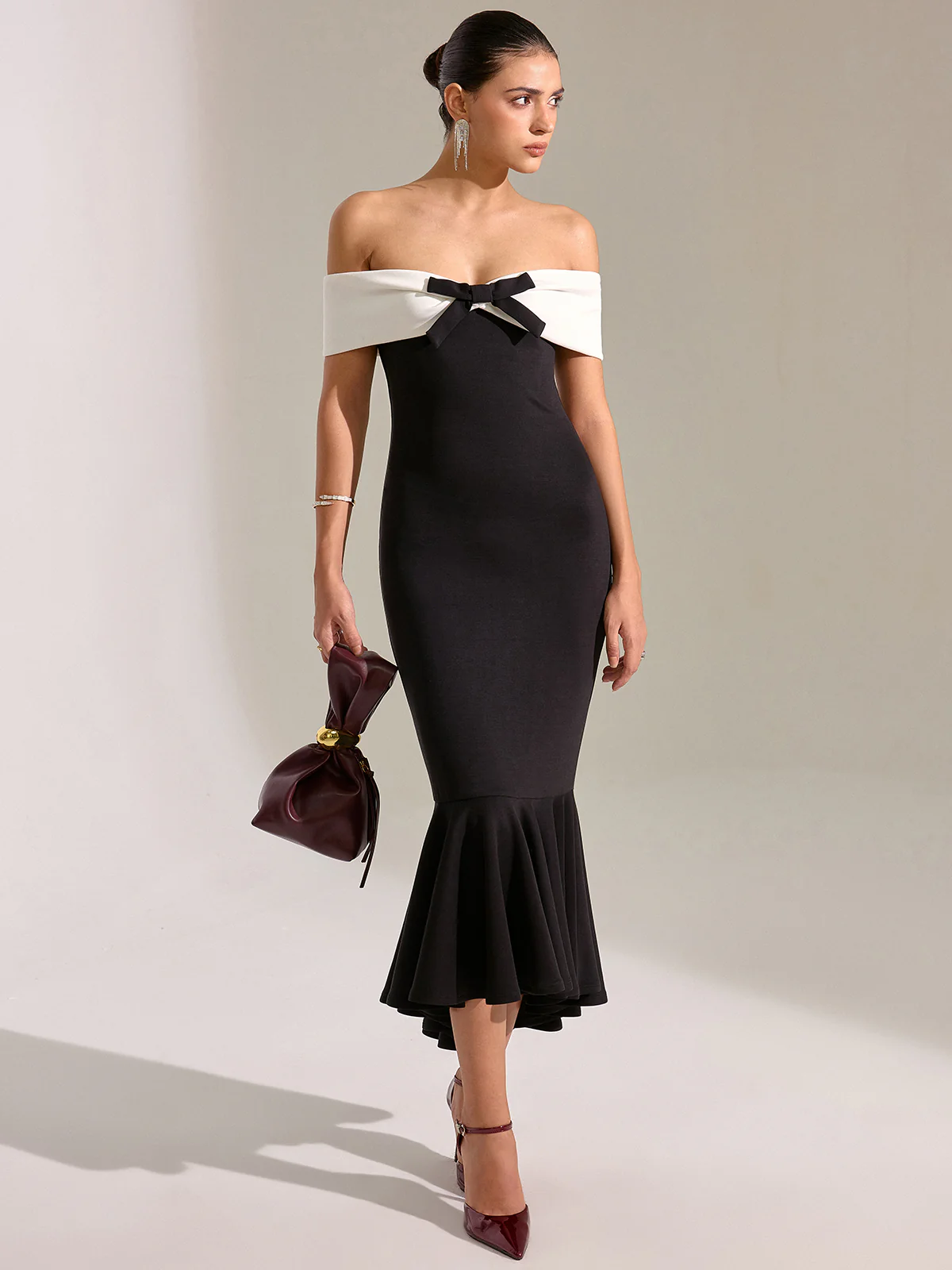 Bow Off-Shoulder Mermaid Midi Dress - Wholesalesil