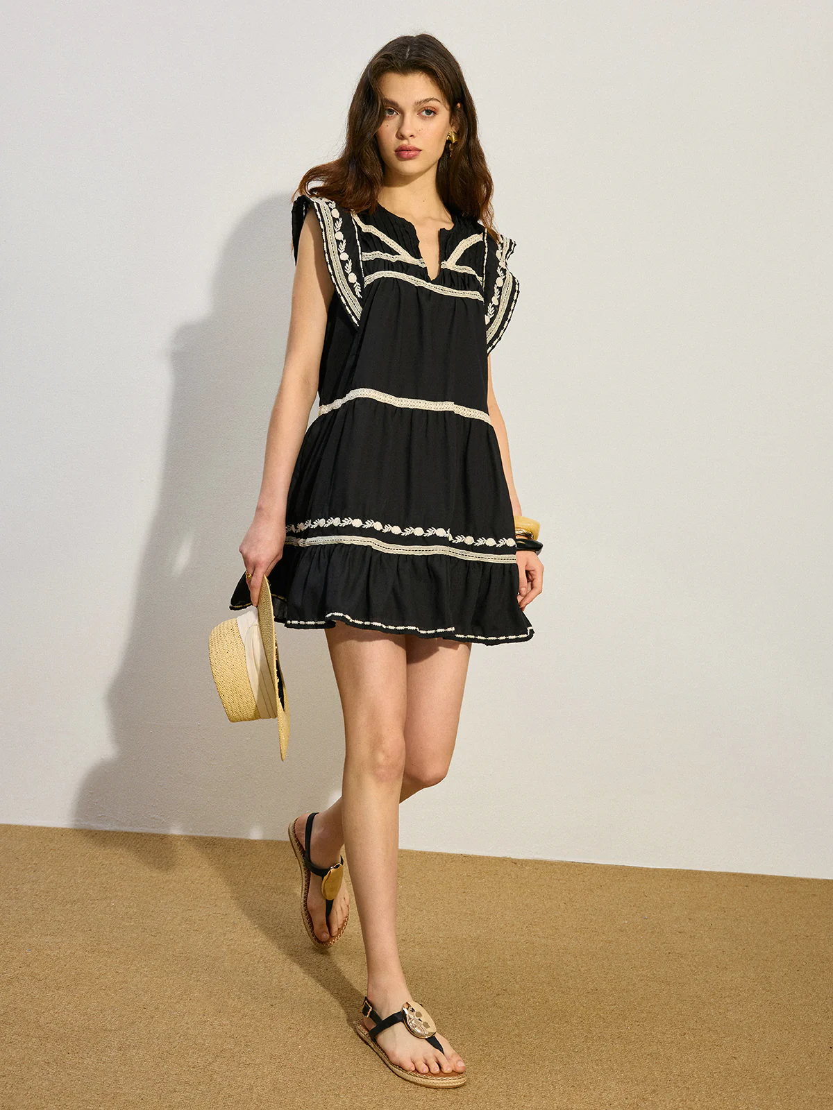 Embroidered Mini Dress with Ruffle Hem - Wholesalesil