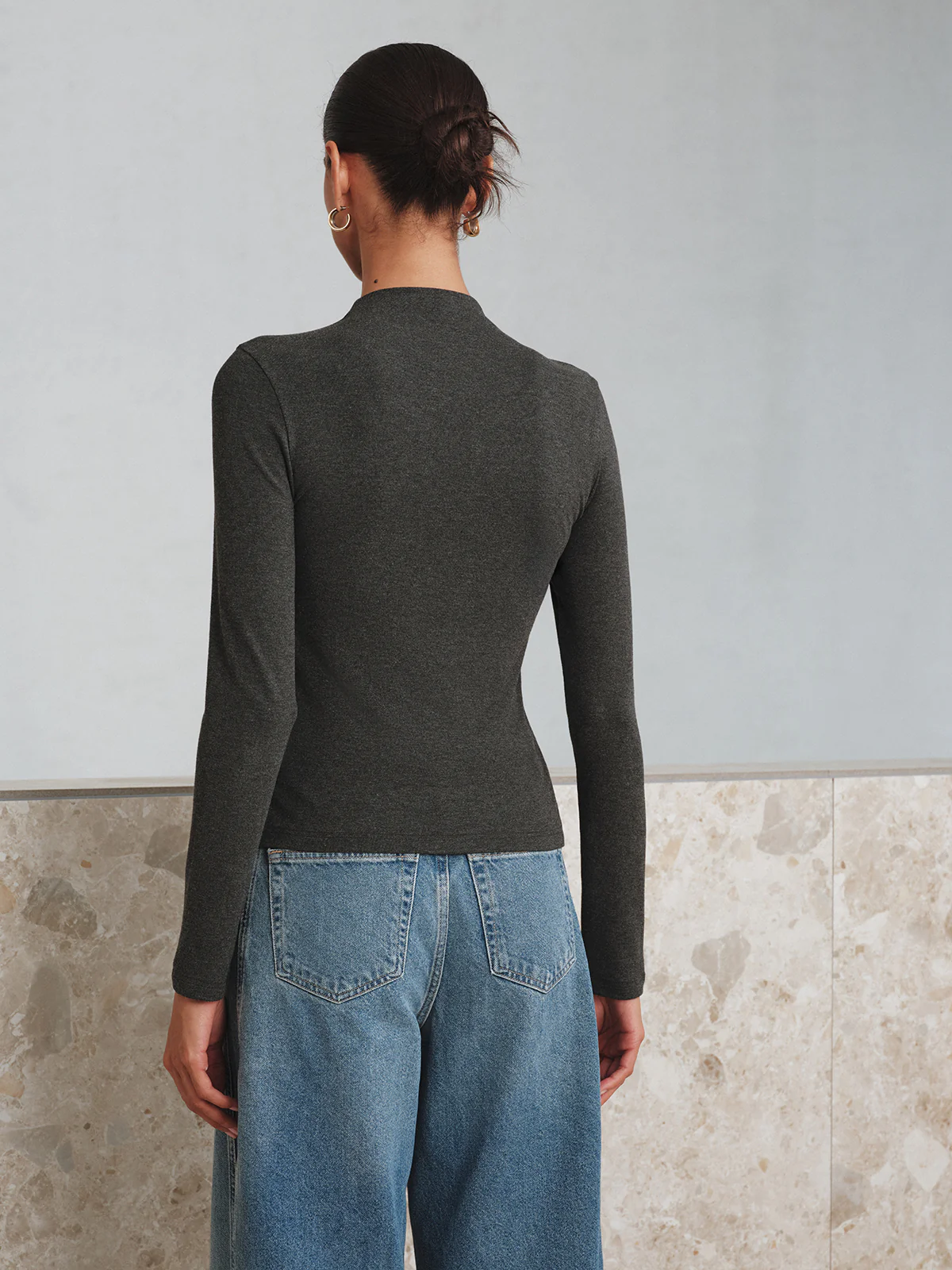 Mock Neck Button Long Sleeve T-Shirt - Wholesalesil