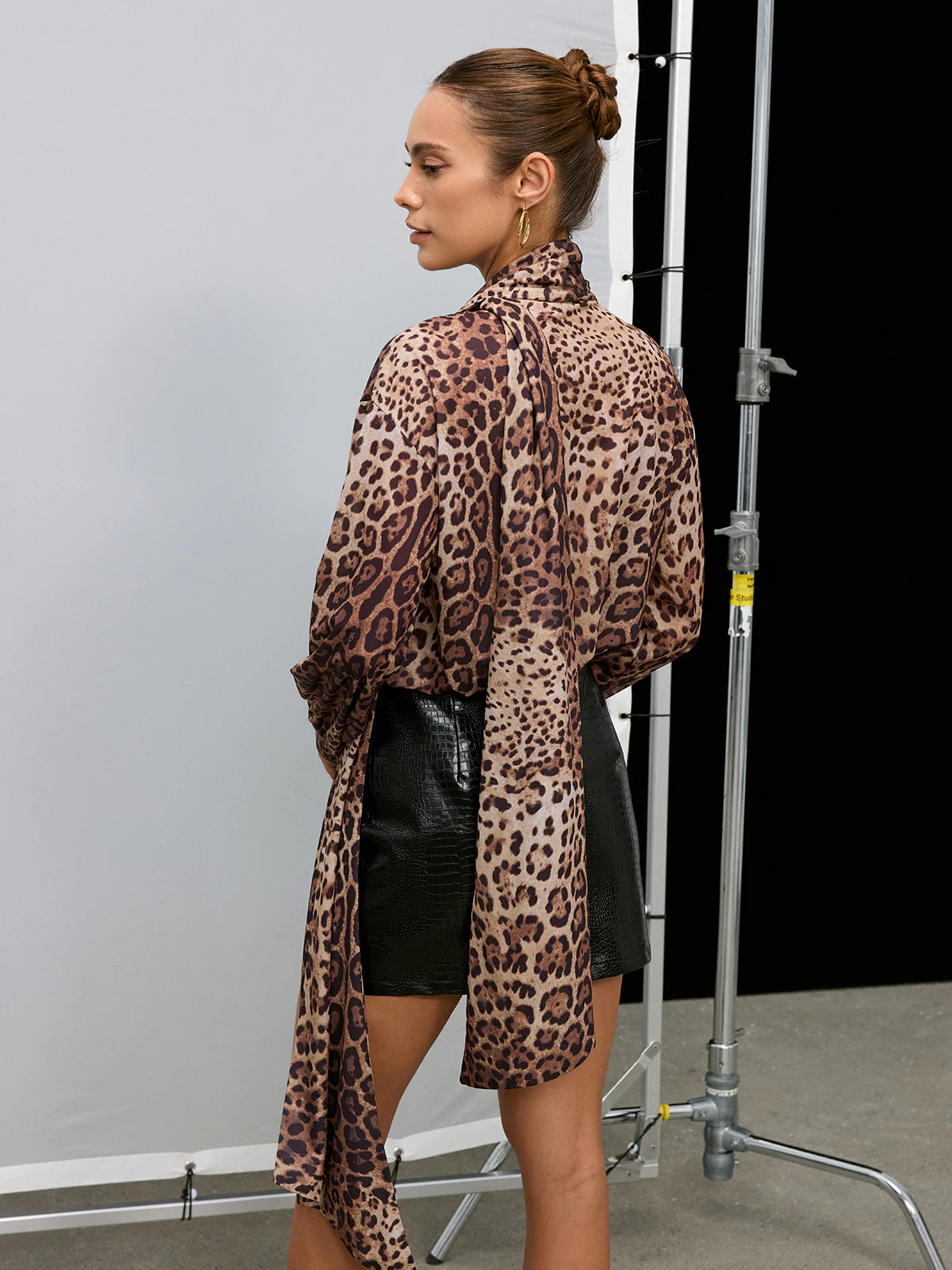 Tie Neck Leopard Print Long Sleeve Blouse - Wholesalesil
