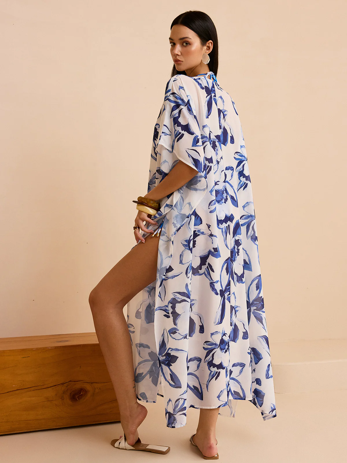 Sheer Floral Kimono Cover Up with Tie-Front - Wholesalesil