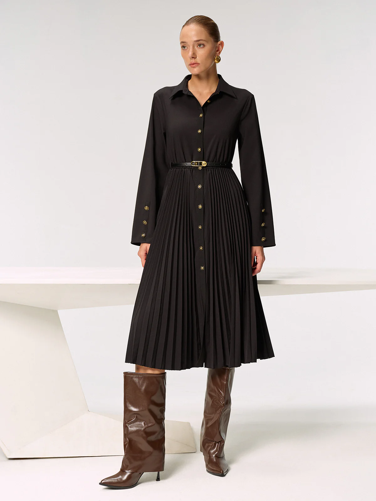 Metal Button Belted Pleated Shirt Dress - Wholesalesil