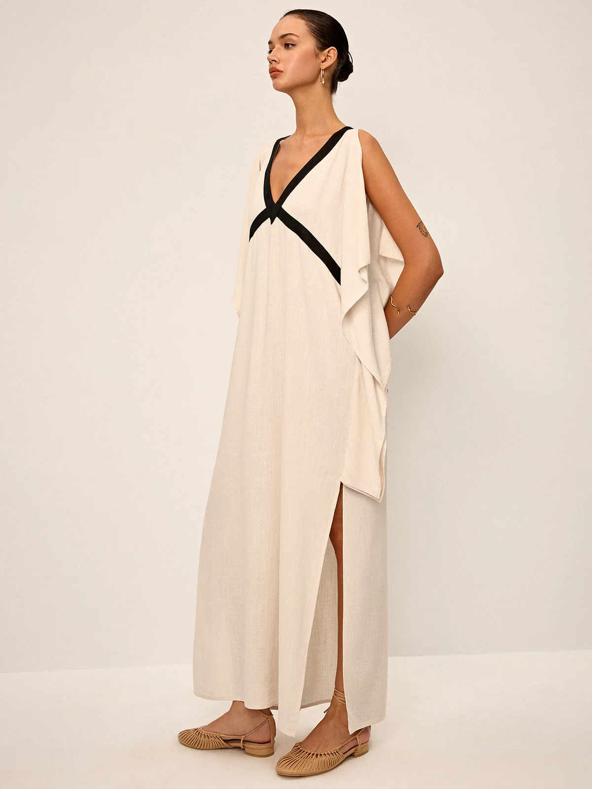 Contrast Trim Maxi Dress with Slit - Wholesalesil