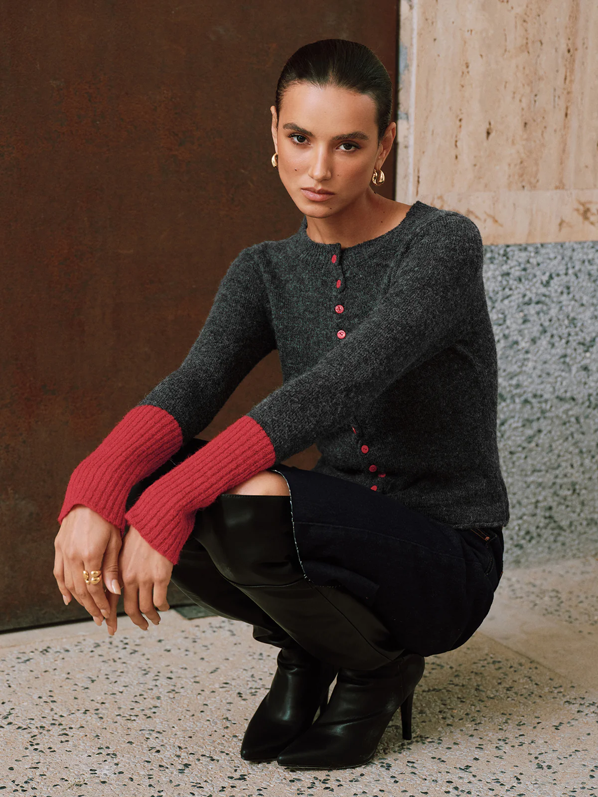 Contrast Cuff Wool-Blend Cardigan - Wholesalesil