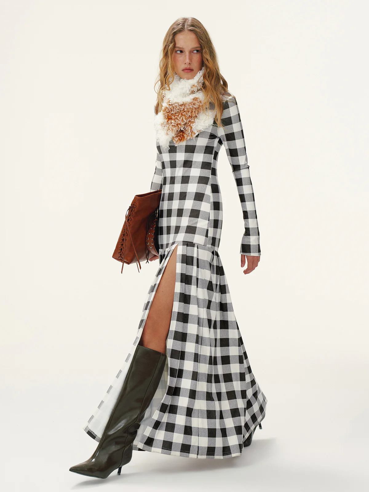 Plaid Turtleneck Long Sleeve Slit Maxi Dress - Wholesalesil